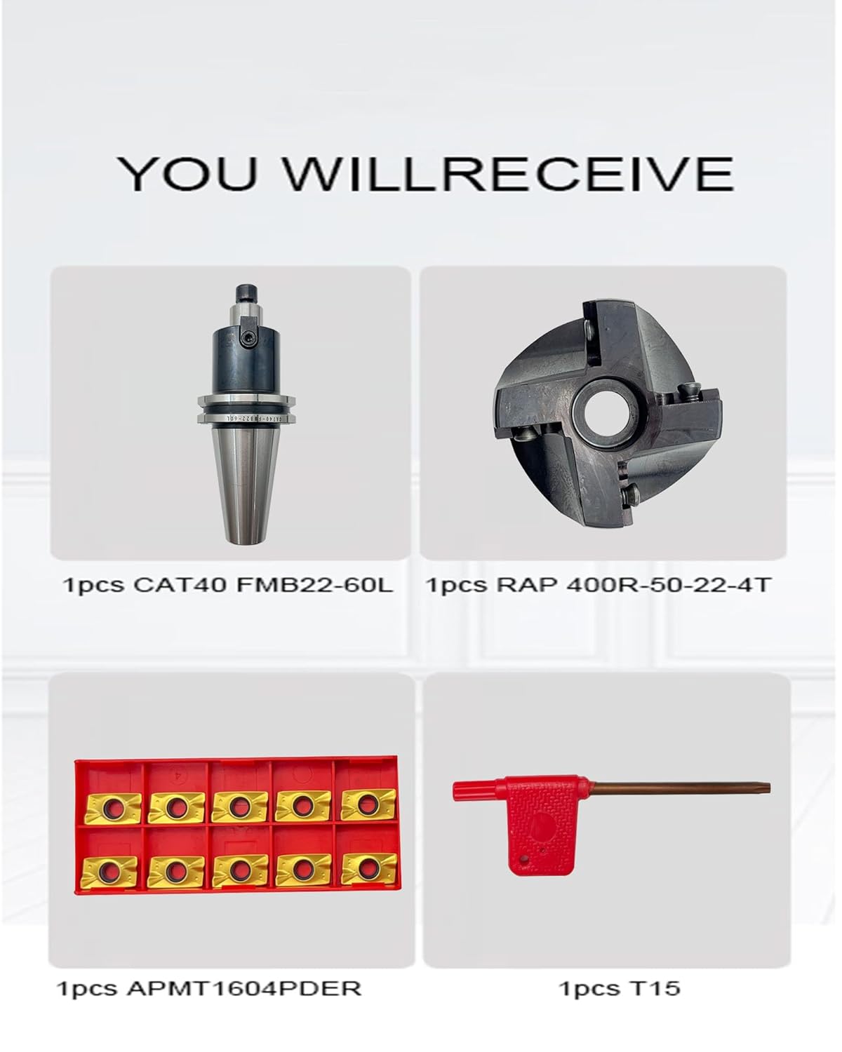 CAT40-FMB22-60 Shank Face End Mill Arbor and 400R-50-22-4T 50mm (2") 4-Flute Indexable Face Mill Cutter, Includes 10Pcs APMT1604 Carbide Inserts and T15 Wrench for CNC Milling