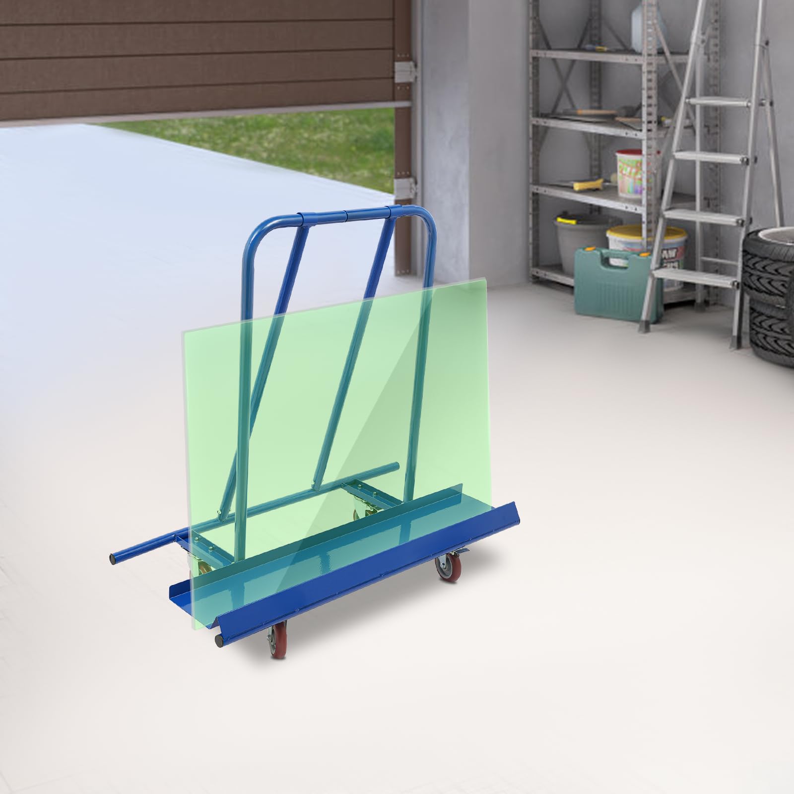 Plattformwagen 800kg Blauer Bauplattenwagen mit Panel 4 Rollen und breitem Griff für Gipskarton Spanplatten Transport (Blau)