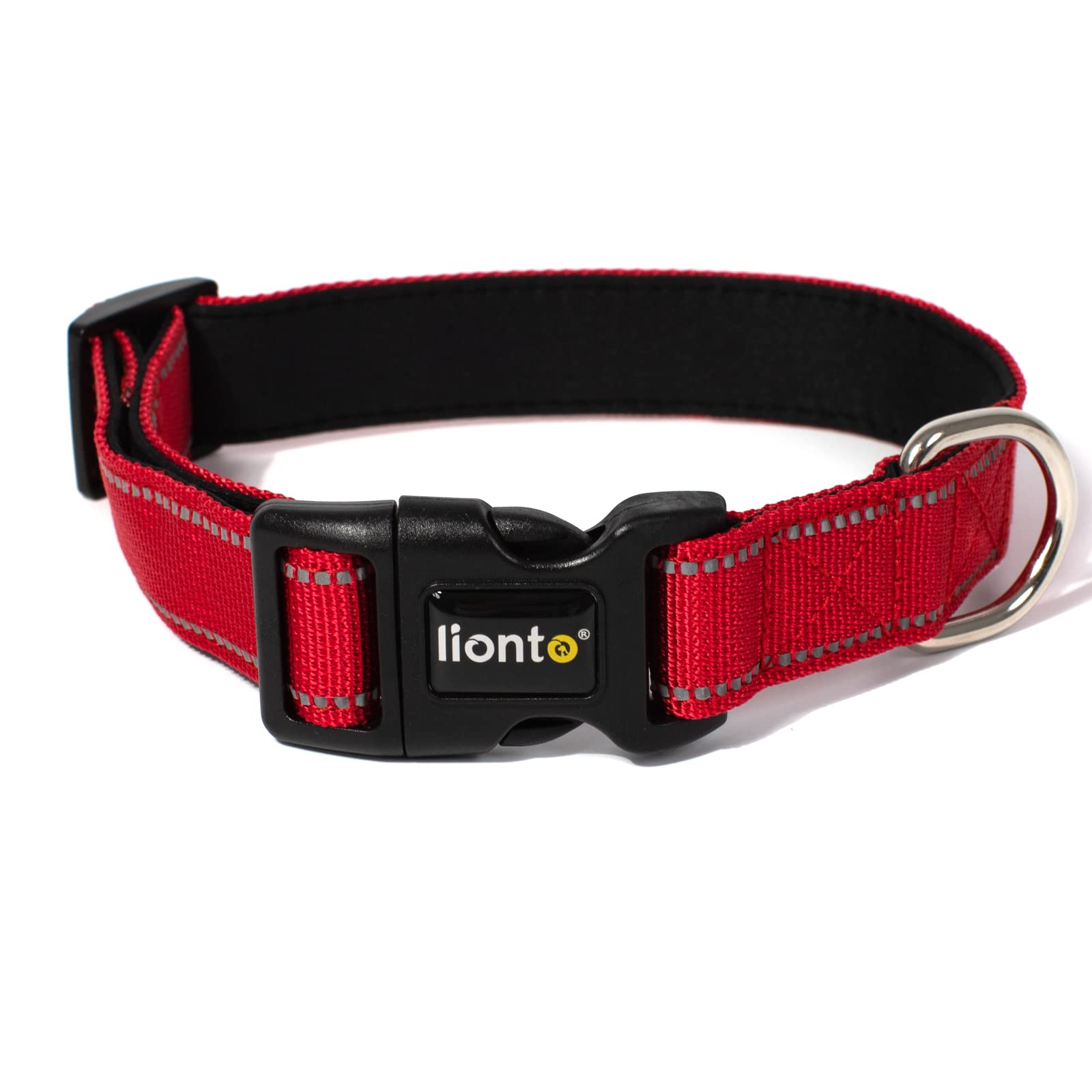 liontodog collar made of durable nylon, size L, soft padded collar for dogs, 360° reflective & click fastener, metal ring & adjustment with stepless slider, red