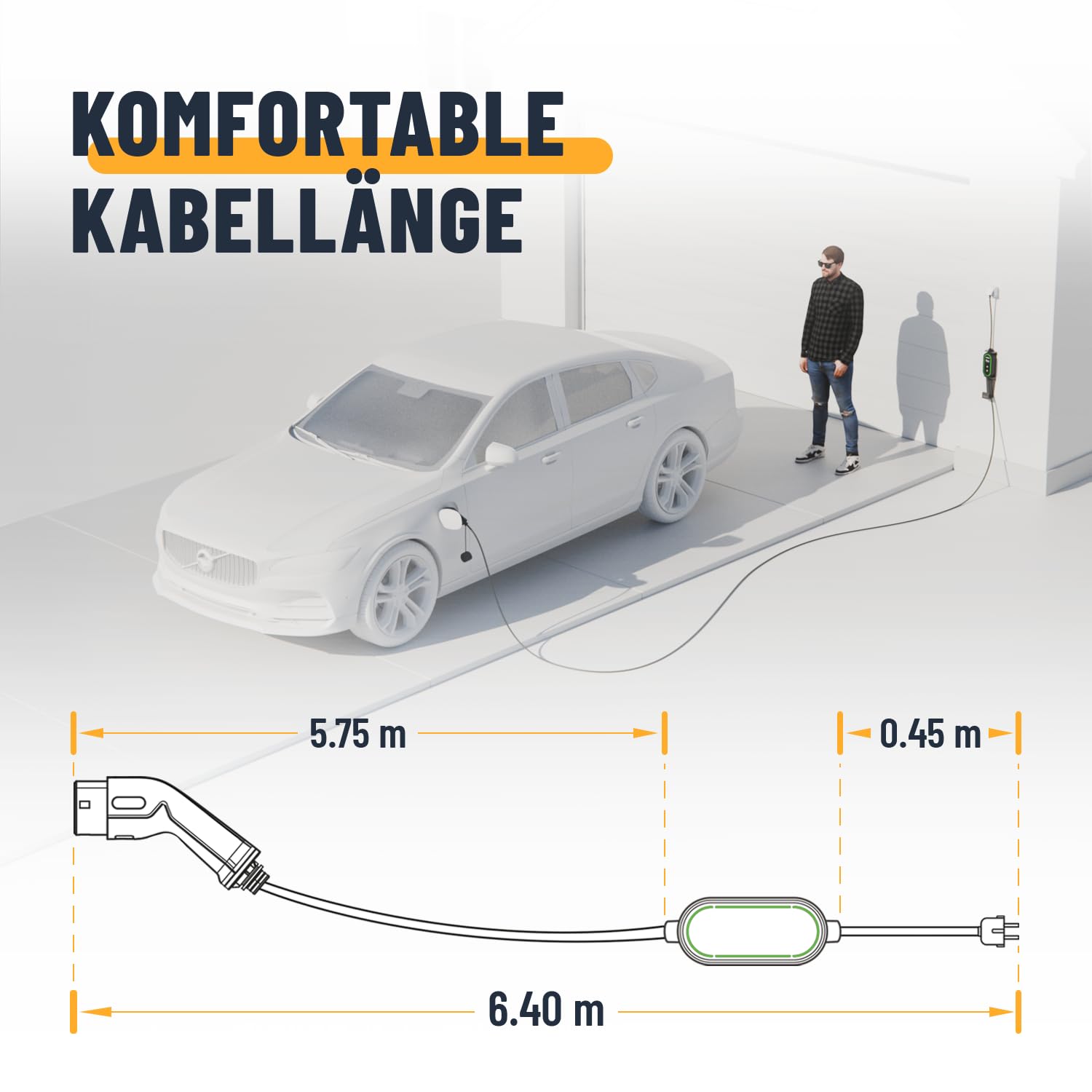 ABSINA Typ 2 Ladekabel Schuko mit Einstellbarer Ladeleistung - ICCB Ladekabel 3,7kW 16A 1 phasig IP67 mit 6,40 m Kabel - Ladekabel Schuko auf Typ 2 für i3, e-Up, ID.3, ID.4, Zoe, fortwo, Kona UVM