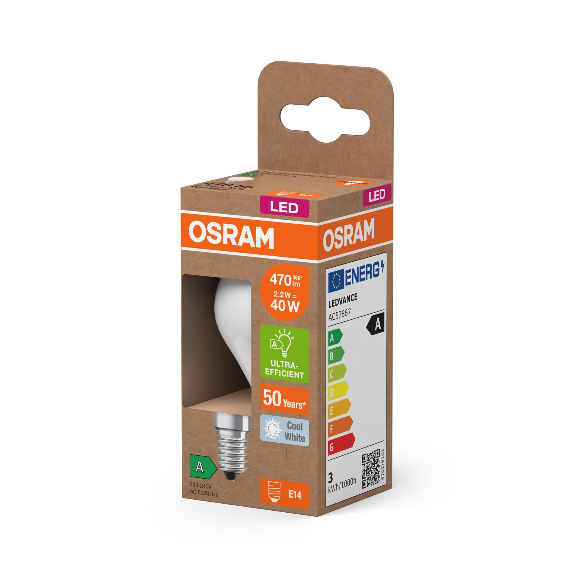Osram Energy Class LED-Lampe in klassischer Miniballform, 2.2 W / 470 lm, EEK A, kaltweißes Licht (4000 K), CRI 80, aus gefrostetem bleifreiem Glas, E14 Sockel, IP20, 45 mm DM,6-Pack