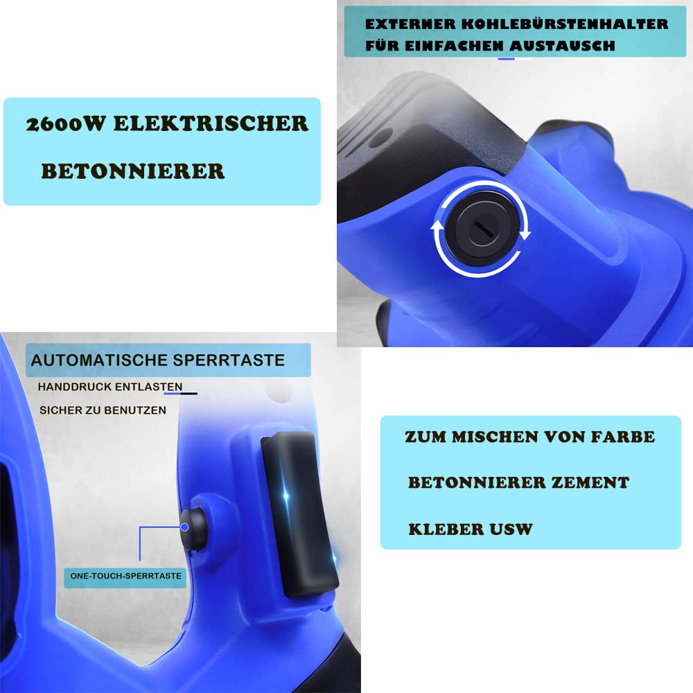 Mieszadło do zaprawy murarskiej, 2600 W, 230 V, 6 prędkości, elektryczny mikser ręczny, gwint M14, do zaprawy murarskiej, do betonu, do farby, tynku i jastrychu, mieszadło do zaprawy