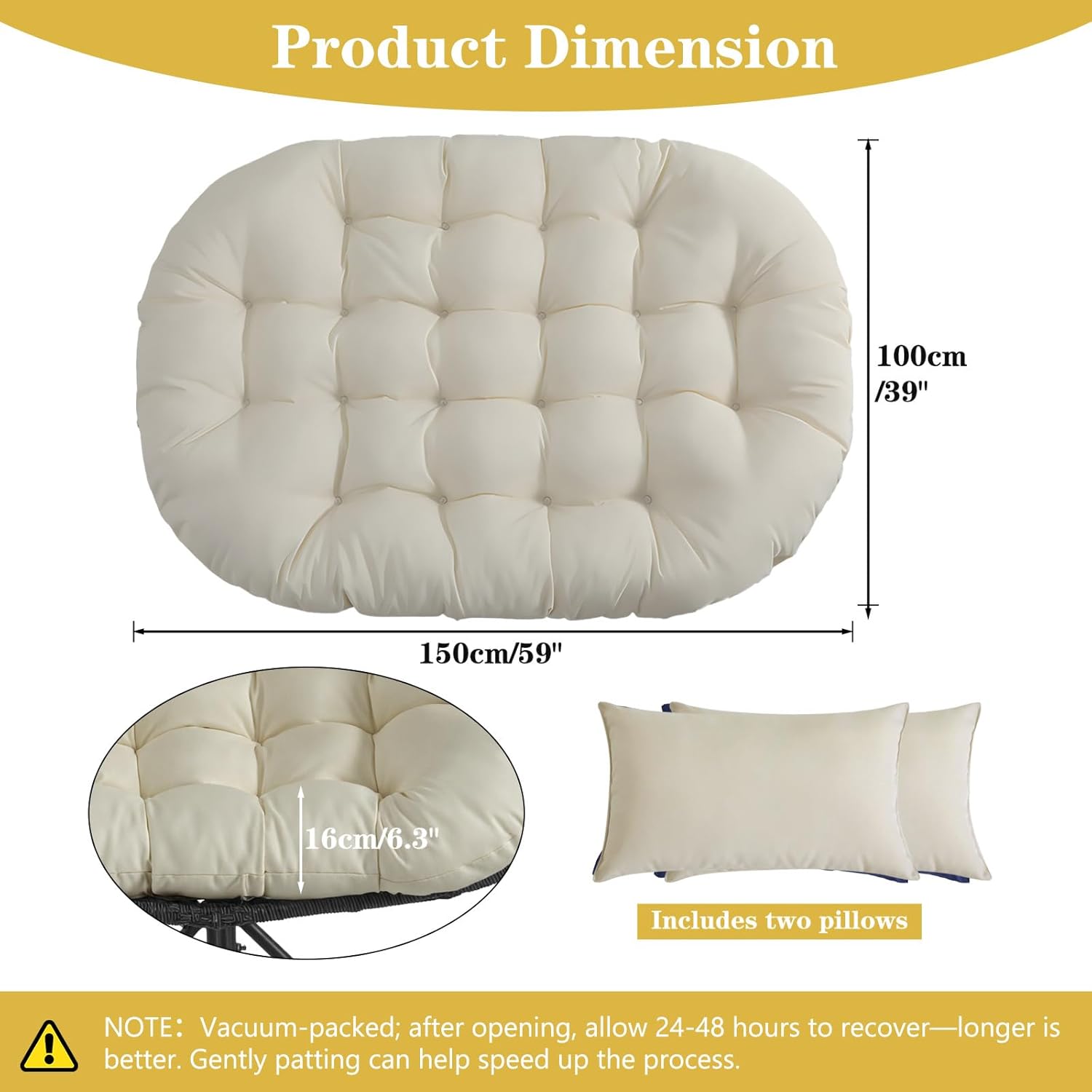 ANMINY 2-Seater Hanging Egg Chair Cushion Thickened 6.3Inch Waterproof Anti-UV Hammock Swing Chair Replacement Cushion, Outdoor Hanging Basket Seat Pads with 2 Detachable Pillows, Beige Cushion ONLY 1 618h XhrE5L. AC SL1500