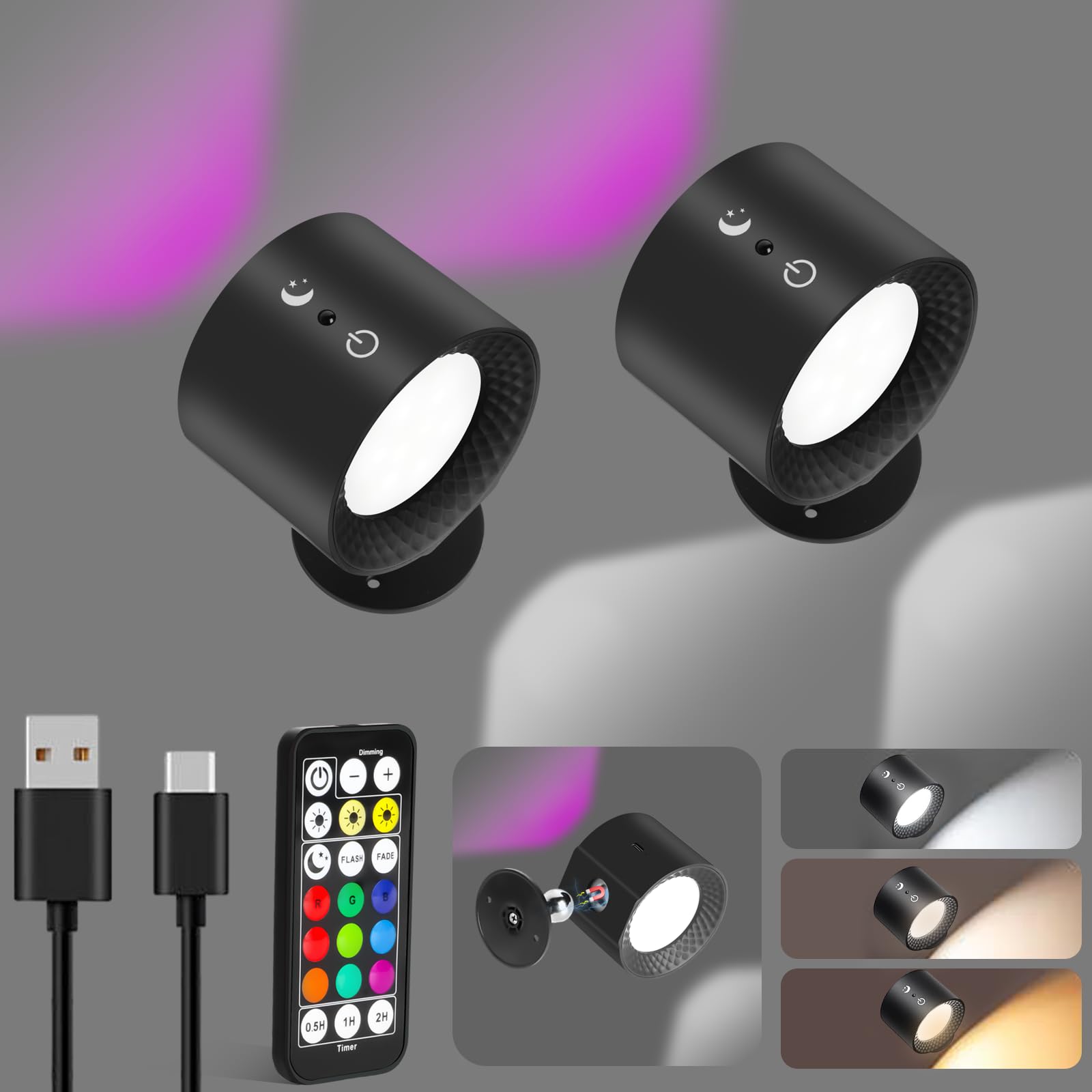 Hiyorsoa Rechargeable Wall Light, 2Pcs Battery Operated Wall Lights with Remote Control, Wireless LED Wall Light with 9 RGB Modes 6 Dimmable Brightness 3 Colours Temperature 360° Rotatable Wall Lamp