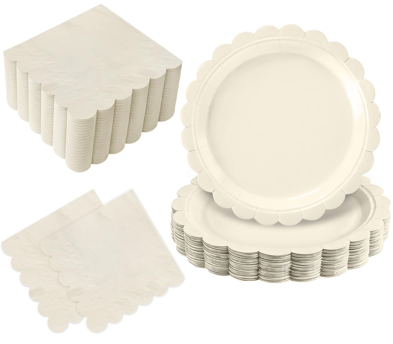 Oigco 50 Pcs Ivory Plates and Napkins Party Supplies - Disposable Scalloped Paper Plates & Napkins for Baby Shower, Wedding, Birthday Party Decorations, Serves 25