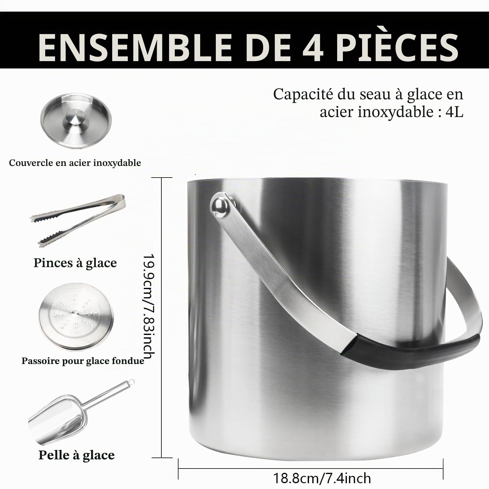 4L Seau a Glacon Sceaux à Glace et Rafraîchisseur Double Paroi | Seau a Champagne Seau à Glaçons Isotherme en Acier Inoxydable avec Couvercle Pince Pelle et Passoire pour Champagne Vin Bière