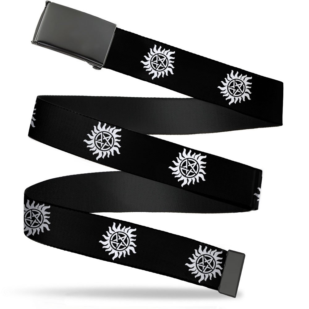 Buckle-Down Boys Winchester Pentagram Repeat Black/White Web Belt-Supernatural-1.5" Wide-Fits Up To 42" Pant Size, 1.5" Wide - Fits Up To 42" Pant Size