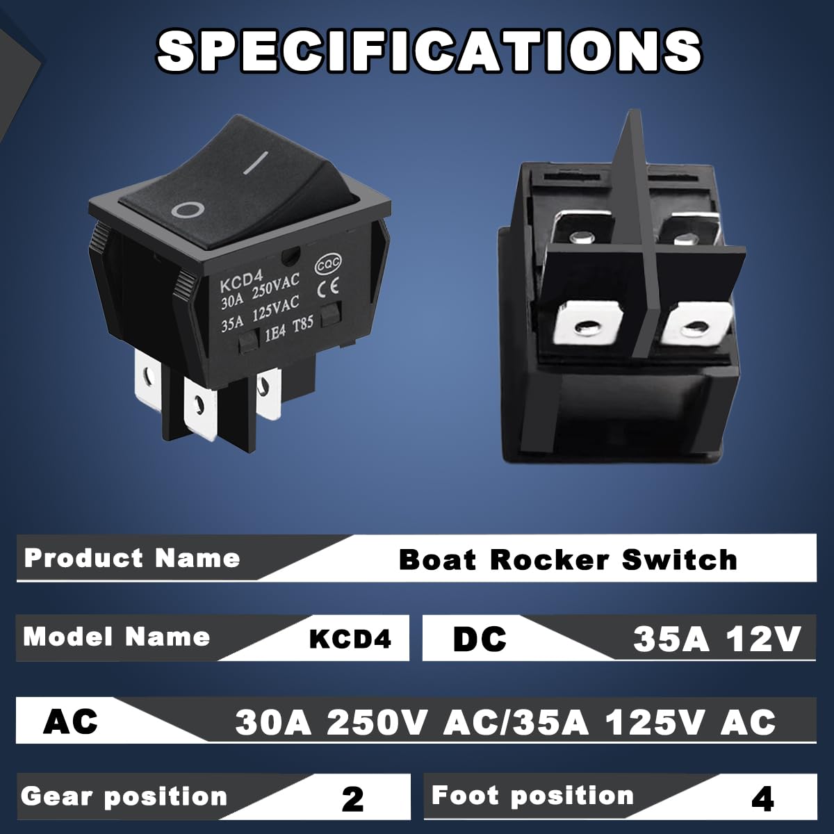 MKBKLLJY 3 Stück Wippschalter KCD4 DPST 35A 12V DC/30A 250V AC/35A 125V AC 4 Pins 2 Positionen EIN/AUS Schwarz Unbeleuchtet Snap-In-Hochstromschalter für Boote 12 PCS Anschlusskabelummantelung