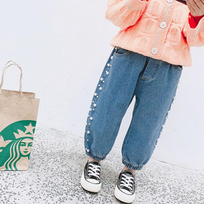Girls Pearl Denim Jeans Soft Pants Leg Elastic Band Casual with Pockets Kids3