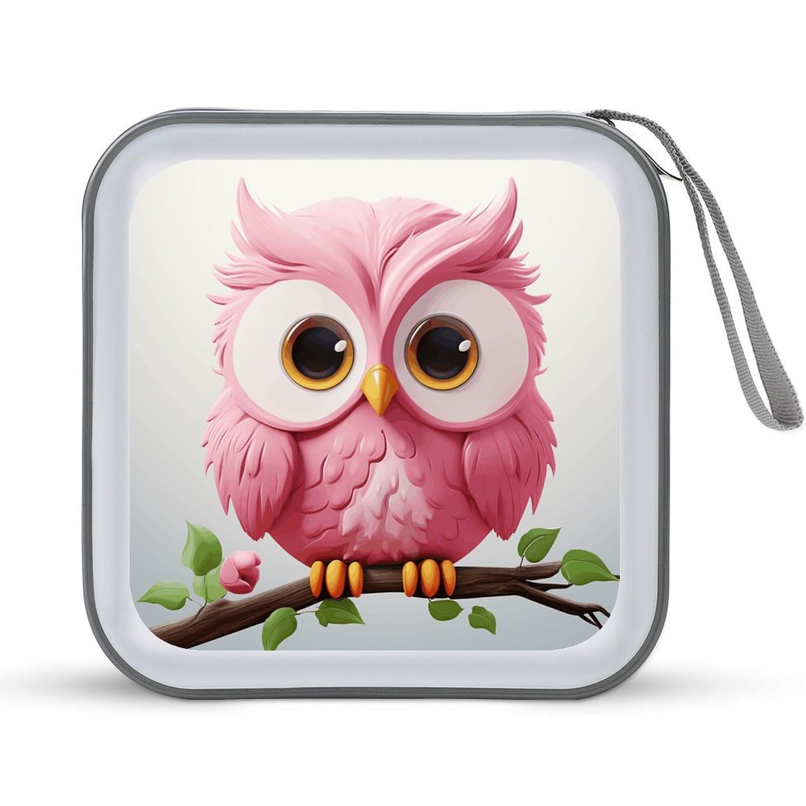 VstaDank A Pink Owl 40 Capacity DVD Case with Zipper Disc, Portable Hard Plastic CD Storage Organizer, Wallet Organizer, Home DVD Organizer