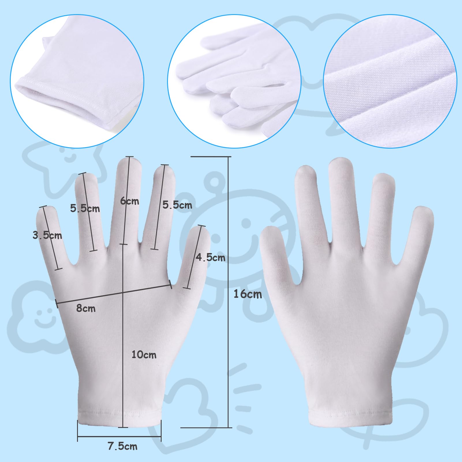 3 Paia Guanti Cotone per Bambini Dermatologici Bianchi, Guanti di Cotone per Dermatiti,Guanti idratanti per Crema Mani