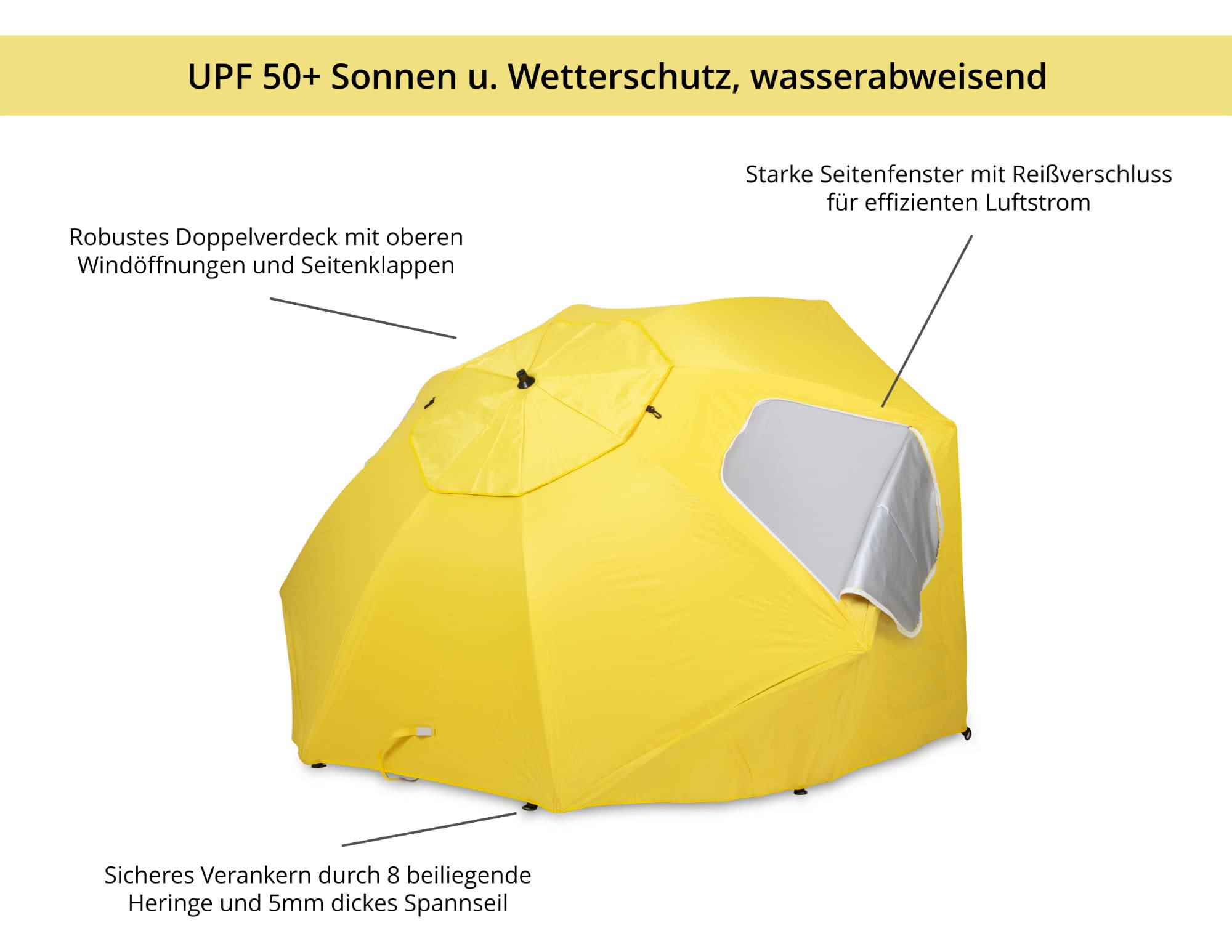 Stagecaptain UM-210 Ombrellone da spiaggia con picchetto, tessuto idrorepellente e protezione UV, finestra in rete per migliore circolazione dell'aria.