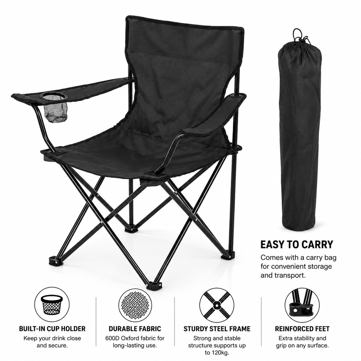 HomieKitch Portable Camping Chair Foldable Outdoor Picnic Chair with Carry Bag, Folding Chair for Camping, Travel, BBQ, Hiking & Garden Use | Metal Frame with Oxford Fabric | Multicolor 1