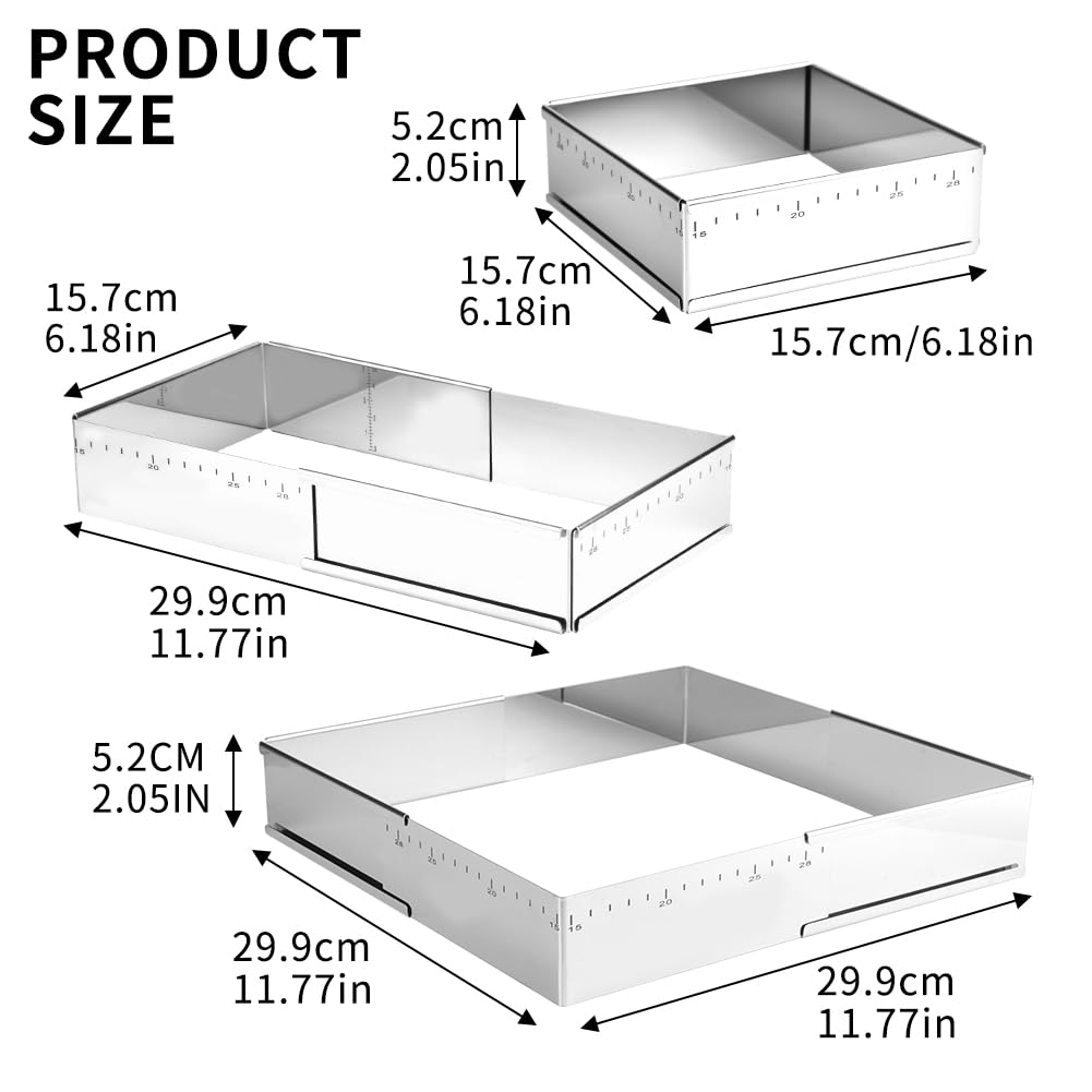 Guowall Adjustable Square Mousse Cake Mould, Stainless Steel Expandable Rectangular Baking Frame for Mousse Cakes Tiramisu, 15 to 28 cm - Image 4