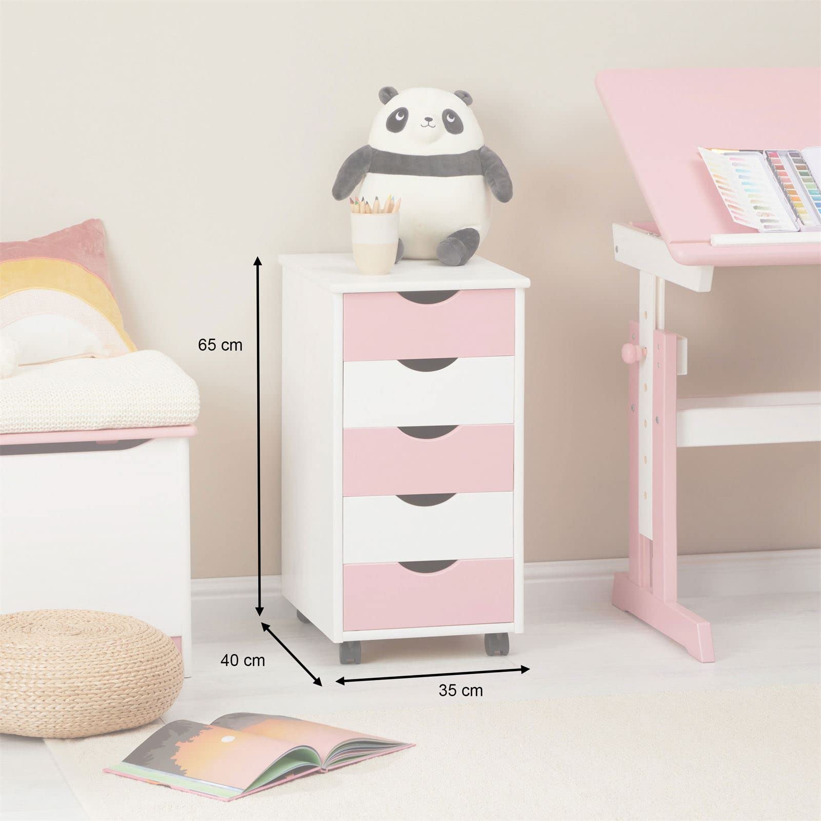 IDIMEX Rollcontainer Lagos mit 5 Schubladen, Weiß/Rosa - Bürocontainer aus Massivholz, kompakte Maße, praktische Aufbewahrungslösung, robuste Verarbeitung, Rollwagen für Büro und Kinderzimmer