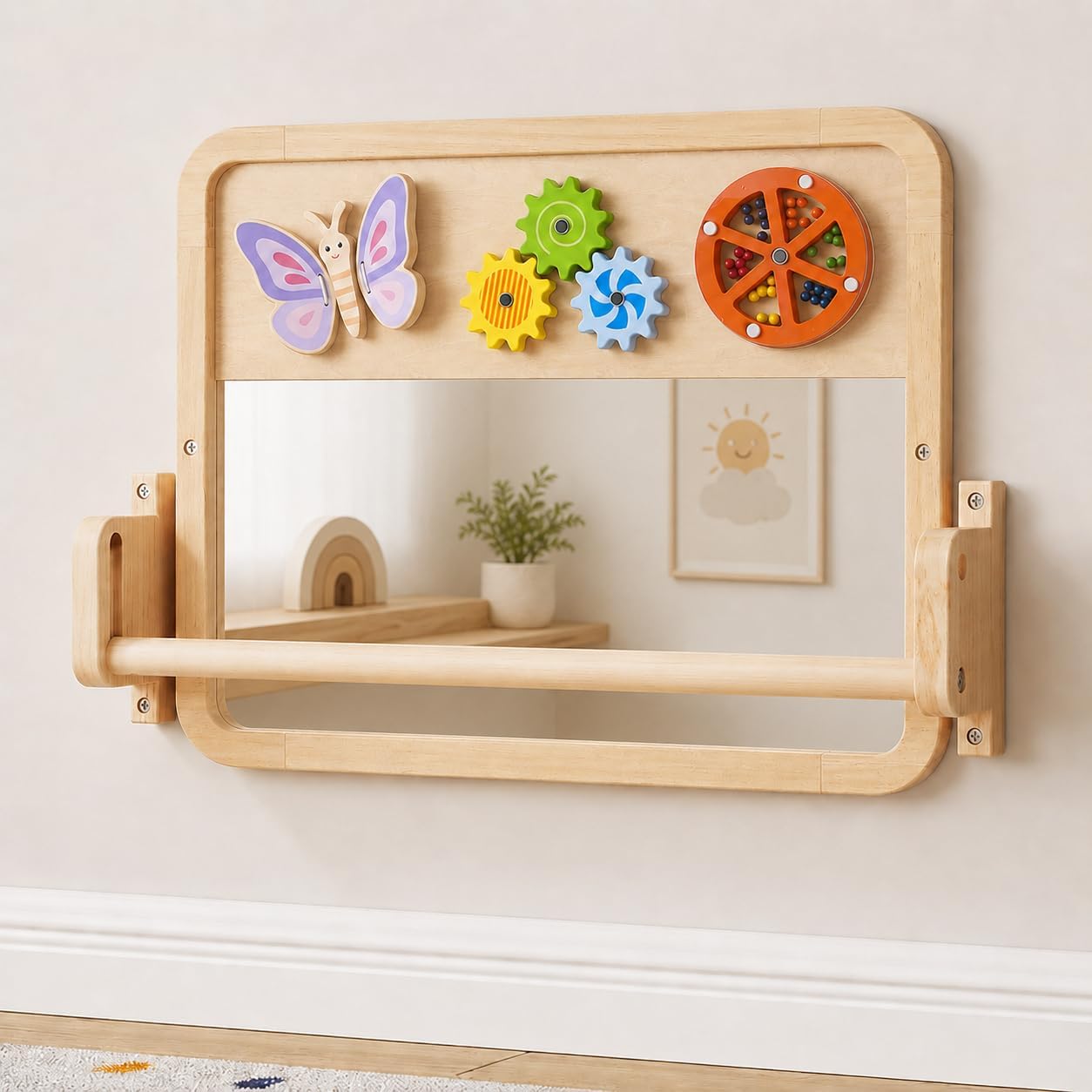 3 in 1 Montessori Mirror with Bar, Upgraded Pull Up Mirrors for Toddlers with 3 Sensory Toys, Solid Wood Wall Mounted Standing Support Mirror for Nursery Playroom, Shatterproof