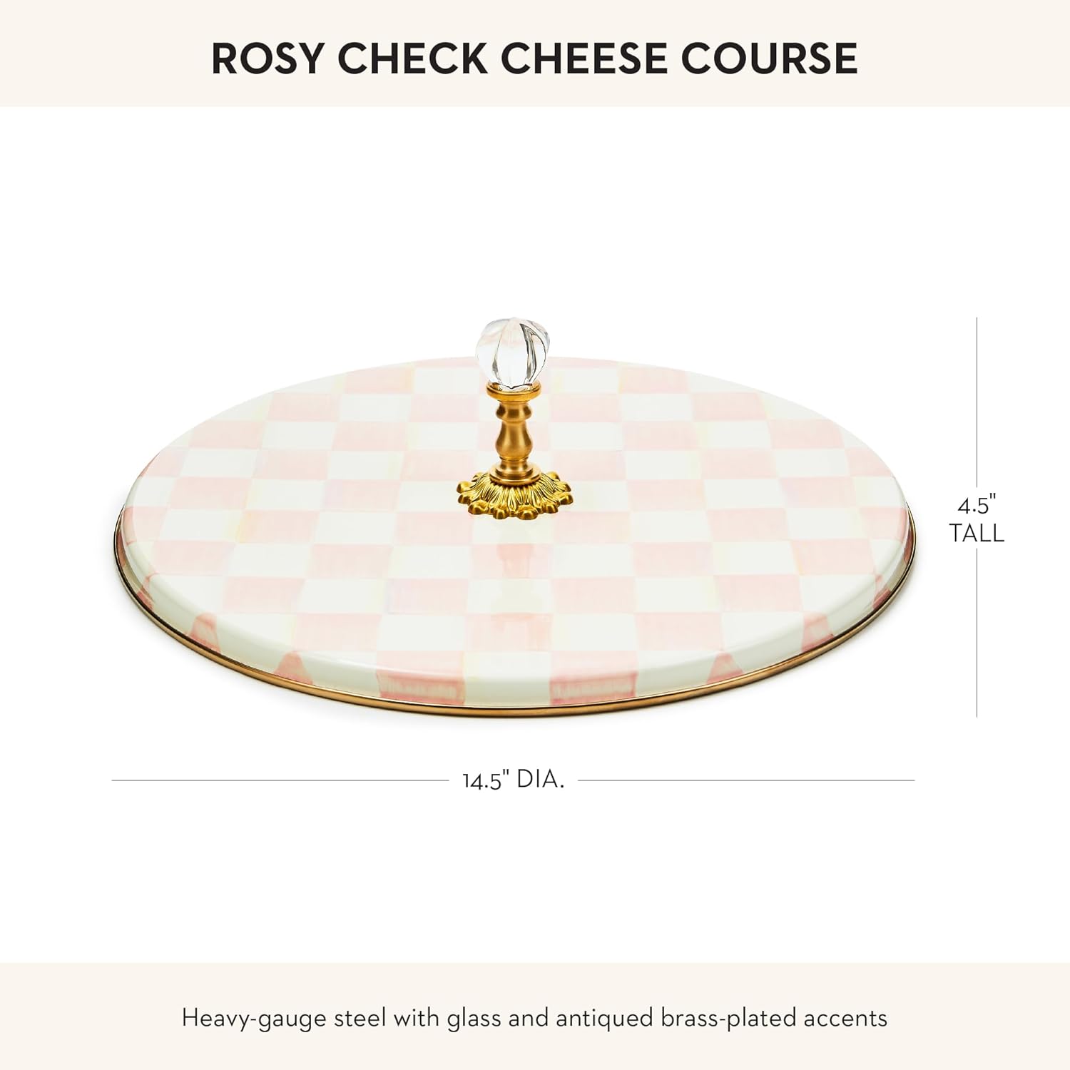 MACKENZIE-CHILDS Cheese Course, Cute Cheese Board and Serving Board for Charcuterie, Pink-and-White Rosy Check