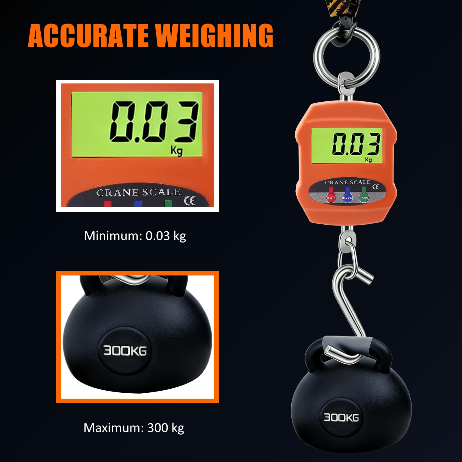 Bilancia digitale per gru 300 kg, display LCD, portatile, kg/lb/N, con batteria