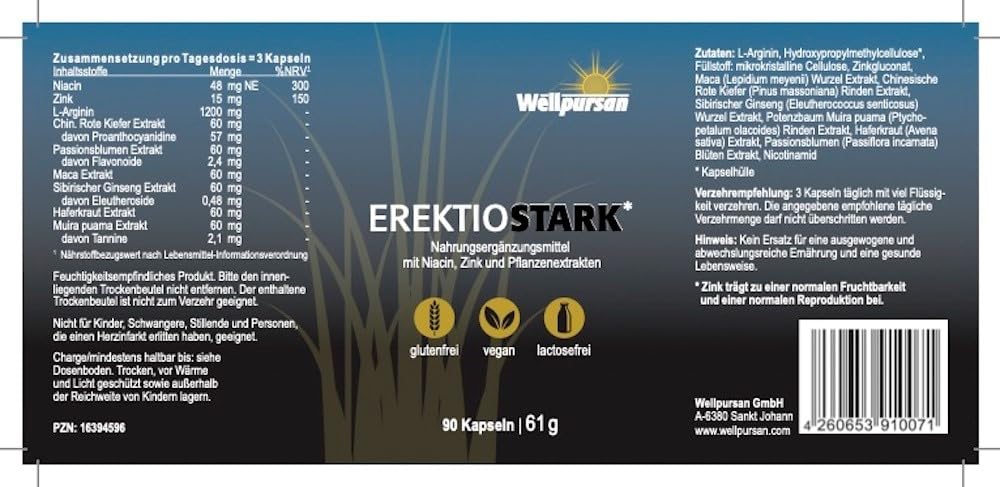Wellpursan Erektio Stark, 90 Kapseln, für aktive Männer, mit L-Arginin, Pflanzenstoffen, Maca, Zink, pflanzlich hochdosiert