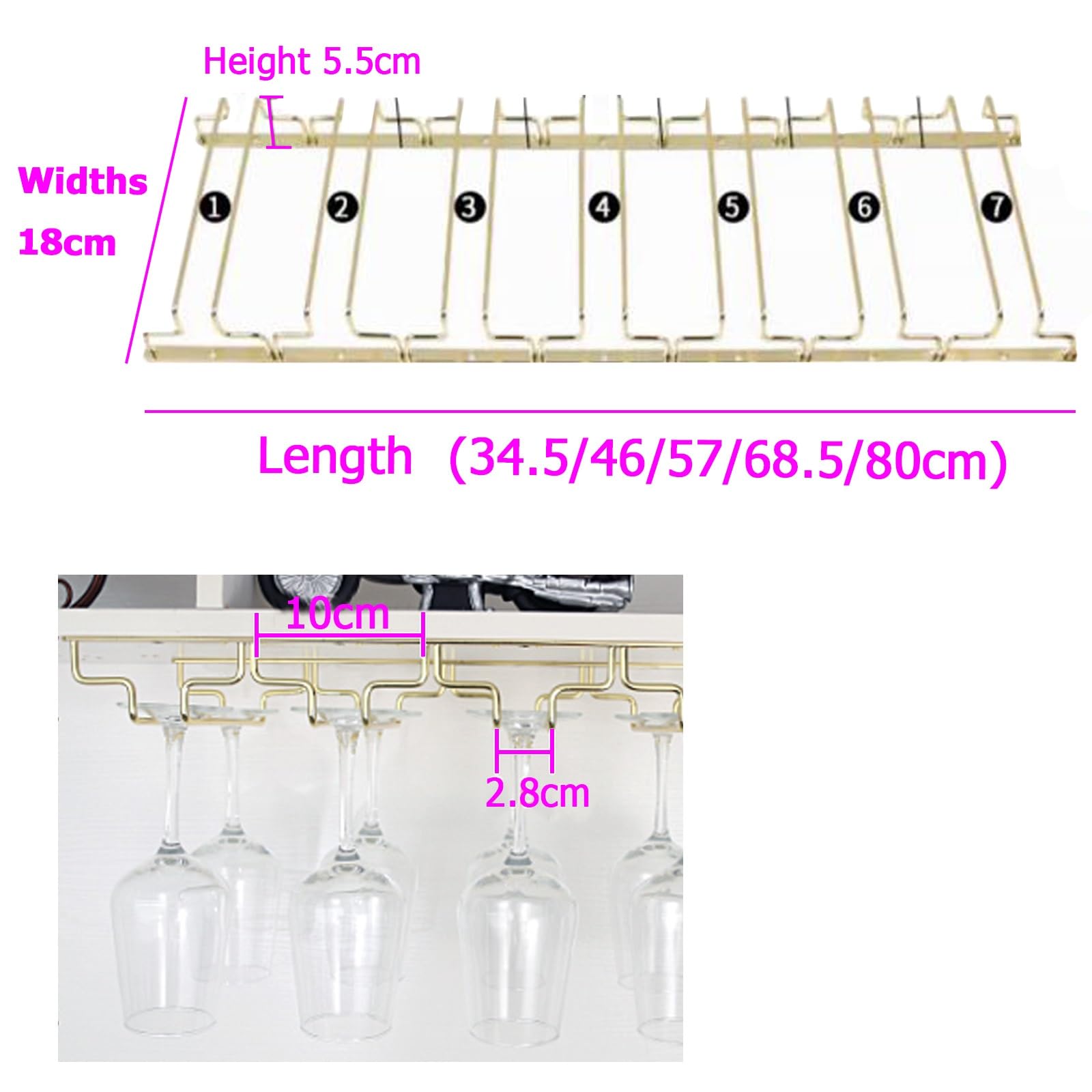 Organizador de Copas de Vino de Acero Inoxidable, Estante para Copas bajo Mueble, Ancho Ajustable 18/22,5/28 cm, Alta Capacidad de Carga, Soporte metálico para Copas de Vino, 34,5-91 cm