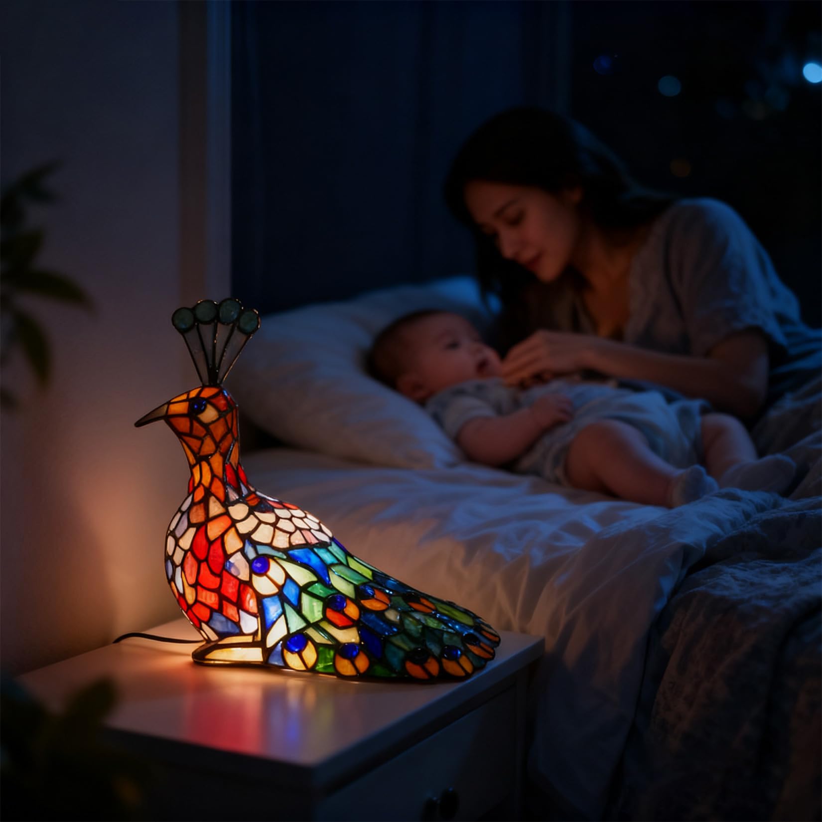 Lámpara de Mesa Retro de Vidrio Teñido Azul con Pavo Real Luz Nocturna de 11"de Altura Estilo Tiffany para Dormitorio Mesita de Noche Comedor Habitación Infantil Oficina Decoración del Hogar