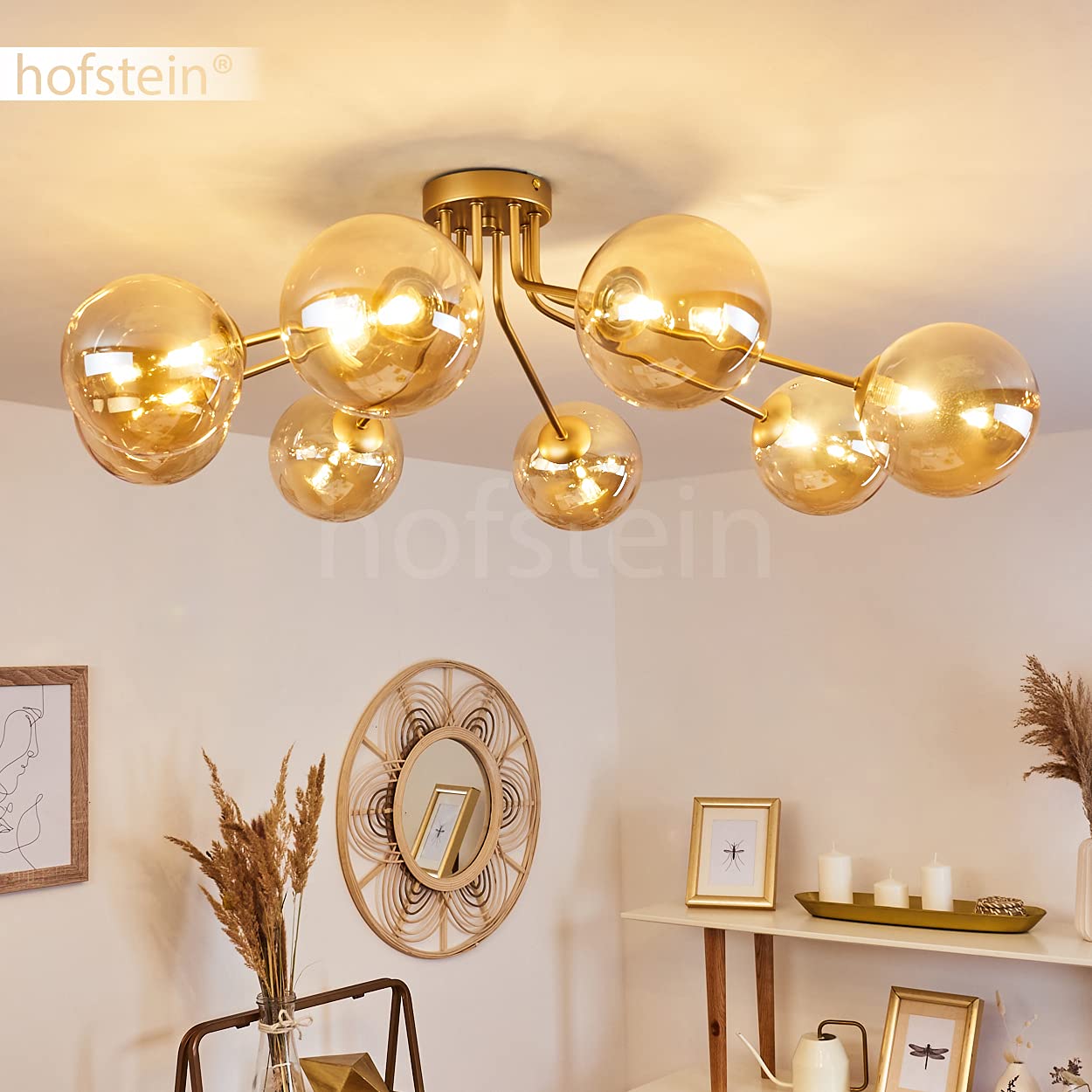 Lampada da soffitto Alden, lampada da soffitto a 8 luci in metallo/vetro in ottone/champagne, lampada moderna con paralumi in vetro (Ø 15 cm) dal design vintage, 8 x G9, senza lampadina/e