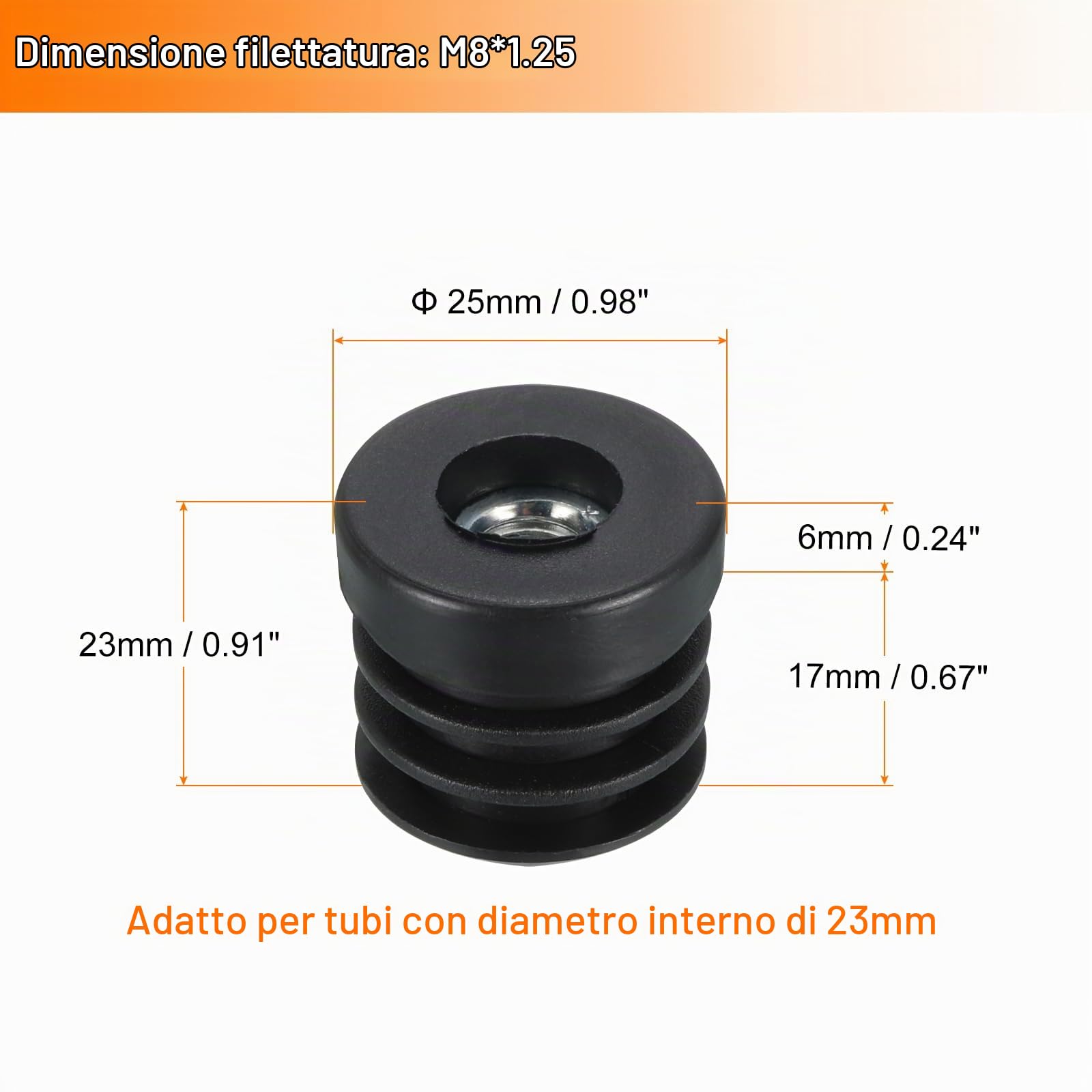 QUARKZMAN 6pz Inserti per Tubi Tondi con Filettatura M8, Tappi Sedie per Tubi Rotondi 25mm/0,98" OD Tappi Gambe Mobili con Tappi Rotelle Plastica Spessa Nera Rotonda Terminali Plastica