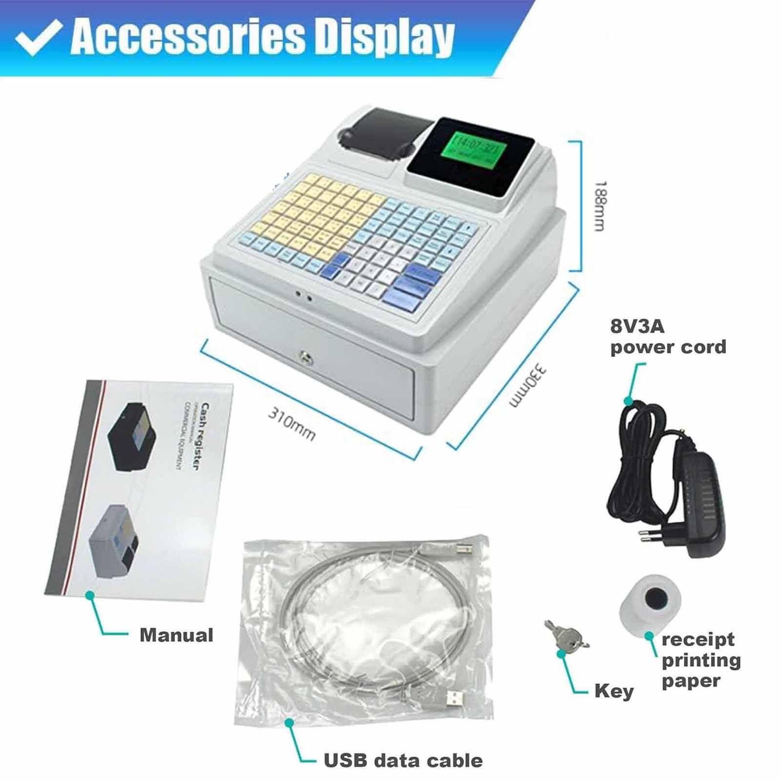 PixCy Registro de Efectivo electrónico con Pantalla LED Digital orientada al Cliente, 81 Teclas recaudadas de Llaves, 8 Caja registradora Comercial LED Digital para Negocios/Restaurante/Tienda
