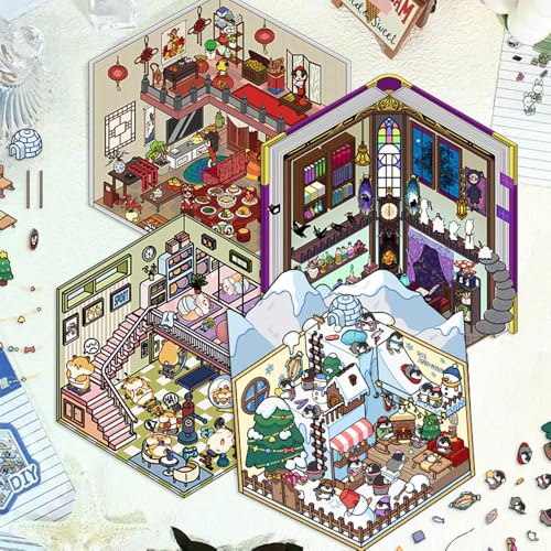 2.5D ハウスステッカー セット シーンシール 造景シール紙ミニチュア模型 ドールハウス 初心者 コラージュ 素材 シール 可愛い 漫画ステッカー ピンセット付き (4点セット+ピンセット)