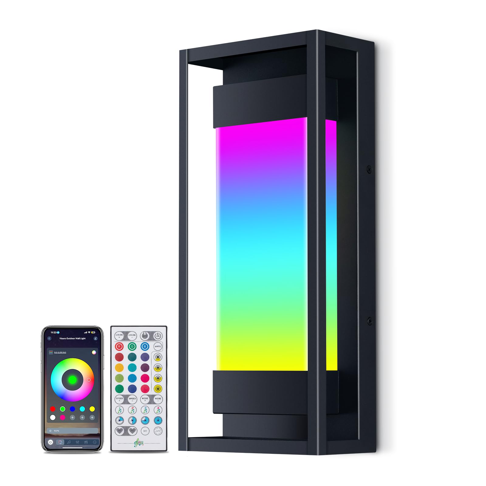 App And Remote Control, 2700K-6500K White Light, IP65, 47 Scene Modes Smart RGB Outdoor Wall Light, 1500LM, 1 Pack Black