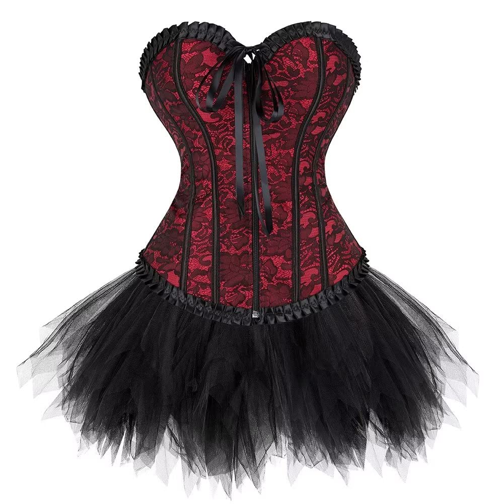 Josamogre Corset Dress Bustier Zipper Pleated Layered Tutu Skirt Set Women Sexy Lace Plus Size Costume