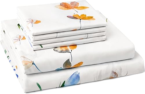 Miniatura 7 de BYSURE Sábanas de cama con estampado de palma grande (tamaño Queen, juego de 4 fundas de almohada), sábana plana y bajera con patrón de hojas