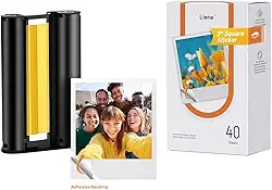 Liene Papel fotográfico M110 7,6 x 7,5 cm, 40 folhas e 1 cartucho, papel adesivo para impressora fotográfica premium, impermeável, à prova de manchas, papel fotográfico instantâneo para impressora