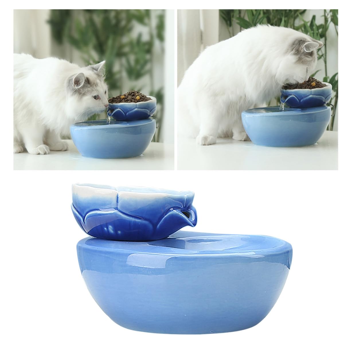 Dispenser Acqua per Animali Domestici in Ceramica da 1.5l con Filtro, Design a Loto e Funzione a Doppio Uso, Antigoccia, per Cani e Gatti in Casa