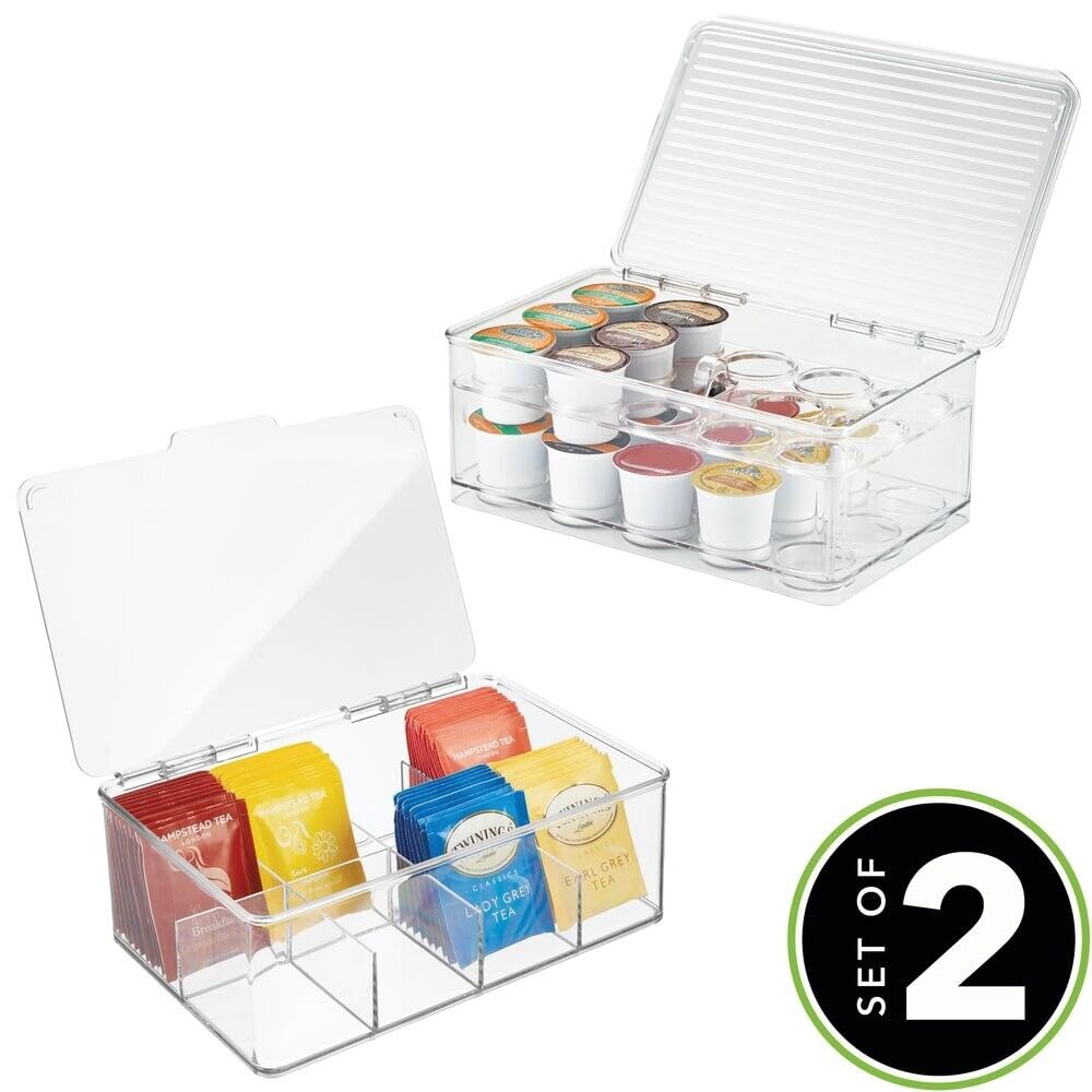 Organizador de almacenamiento dividido apilable de plástico con tapa para bolsas de té y cápsulas de café en armario de cocina, encimera, colección Ligne, incluye 1 organizador de té y 1 2