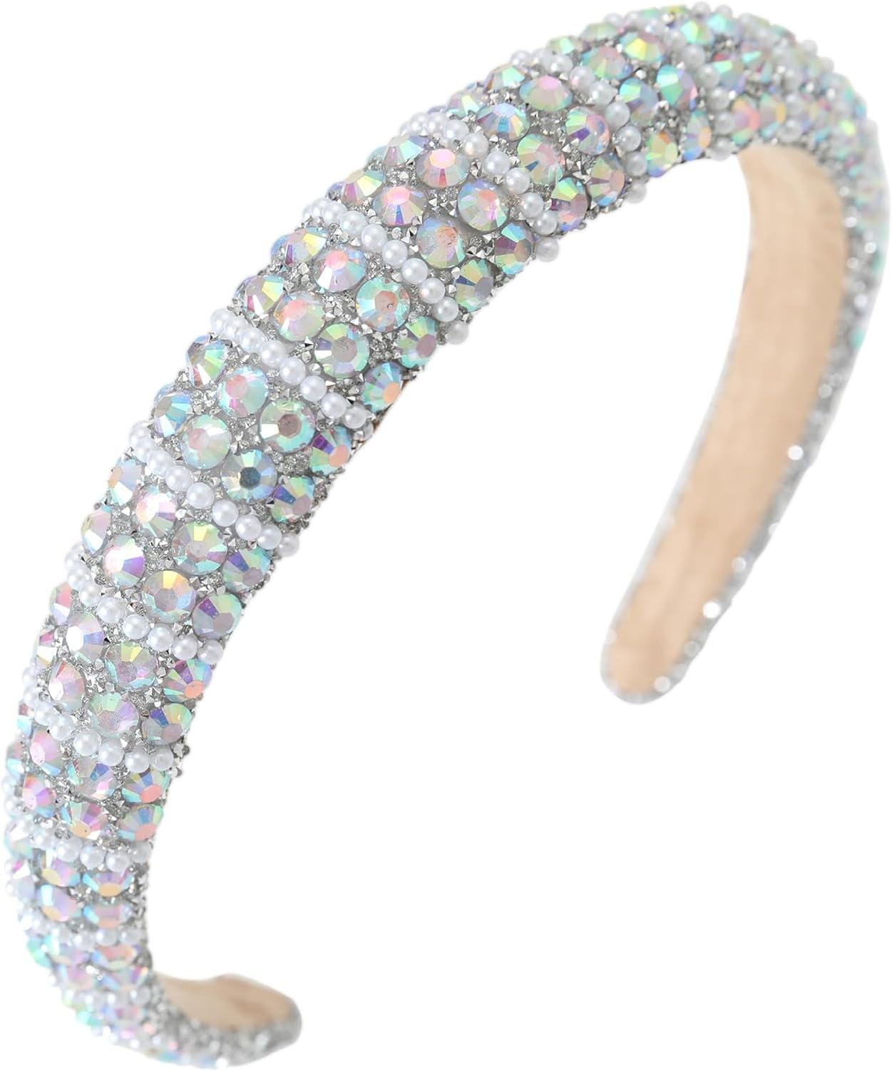 KGAIXN Diamond Rhinestone Jeweled Headbands for Women Girls Bling Sparkle Beaded Crystal Thick Padded Hairband Non Slip Glitter Hair Hoop Accessories, A-Silver Rainbow