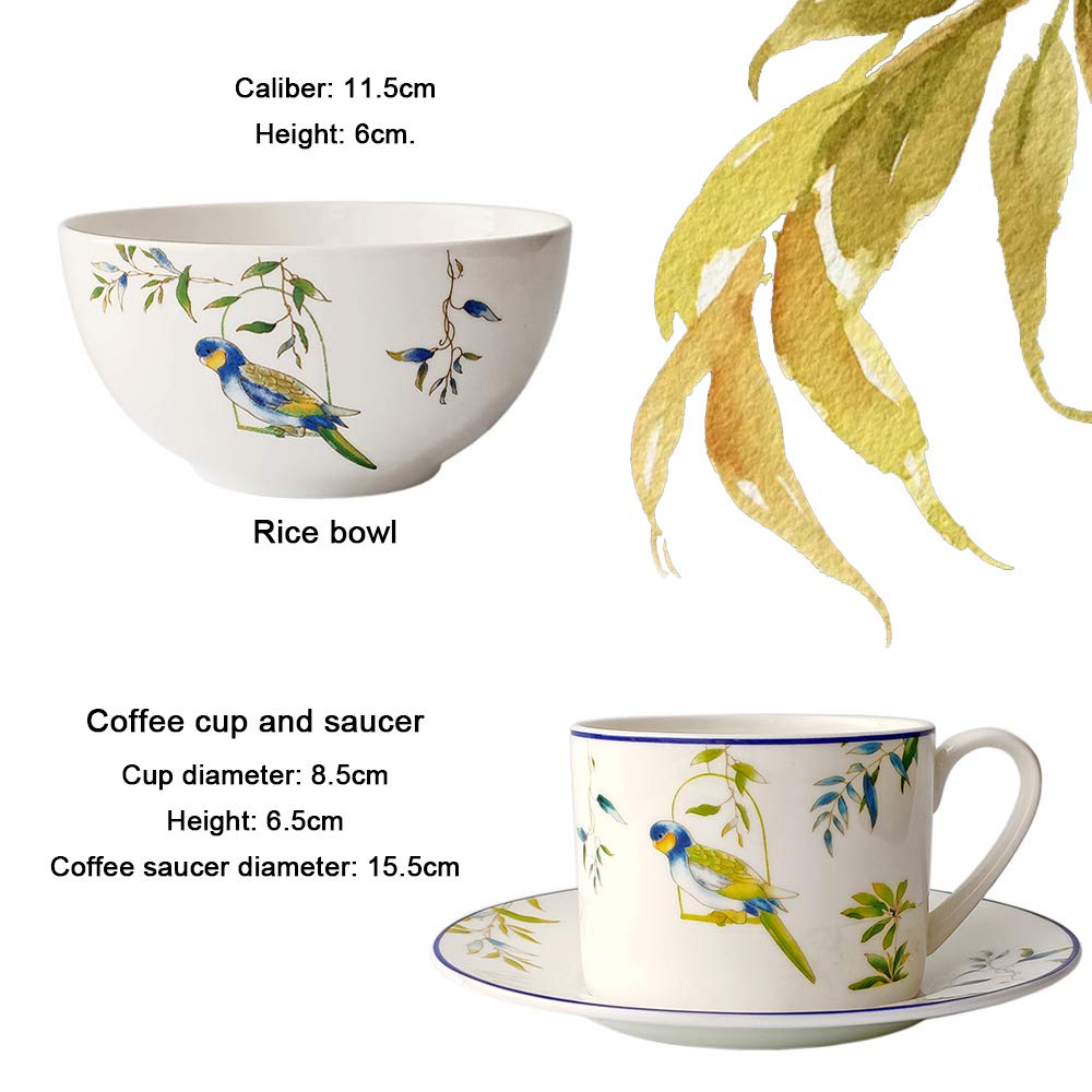 Juego de vajilla de porcelana americana de porcelana de estilo rústico, con diseño de flores y pájaros, plato de comida occidental, cuenco de arroz, combinación sencilla de porcelana