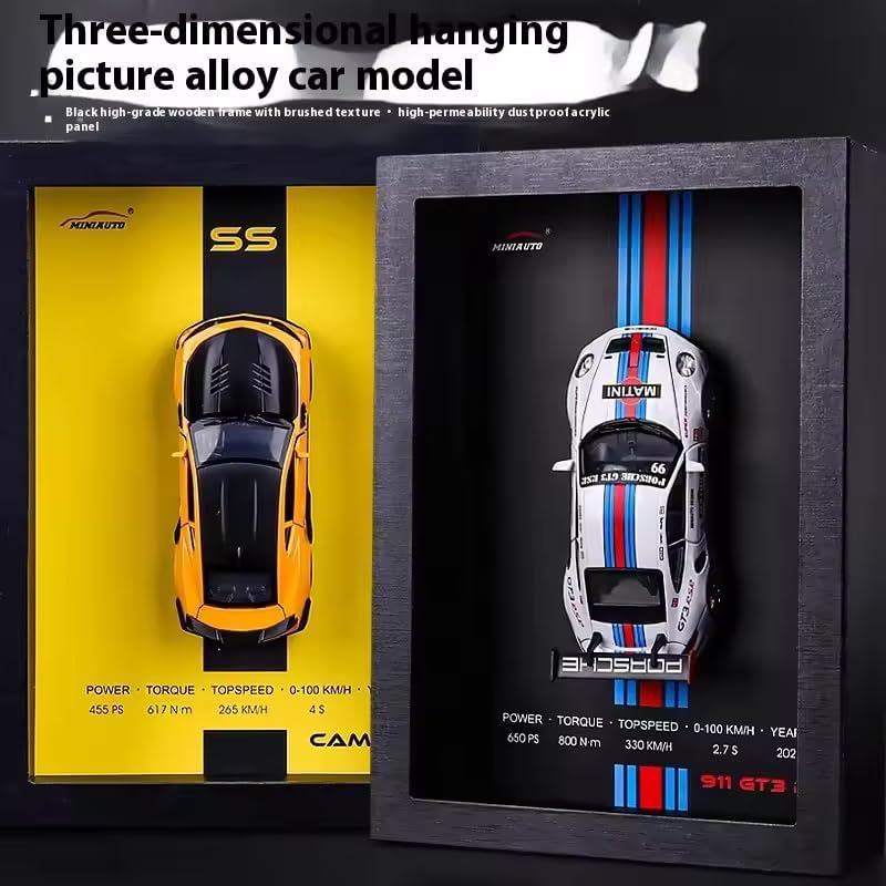 Image of Worshiper 3D Car Frame Wall Art Wooden Hanging Painting Frame with Removable Die-Cast Cars, Lights & Sounds Pull-Back Action & Opening Doors Collectible Display for Car Decoration (1:32 Porsche 911 GT3 RSR)