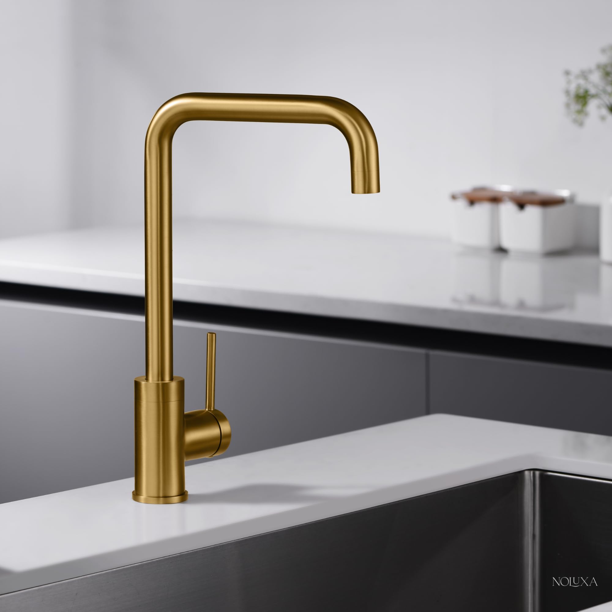 IMEX - Grifo Cocina Dorado Caño Alto | Grifo Monomando Fregadero | Griferia Cocina | Grifo en Latón con Cartucho Cerámico Ø35mm | Serie Loira | Color Oro Cepillado