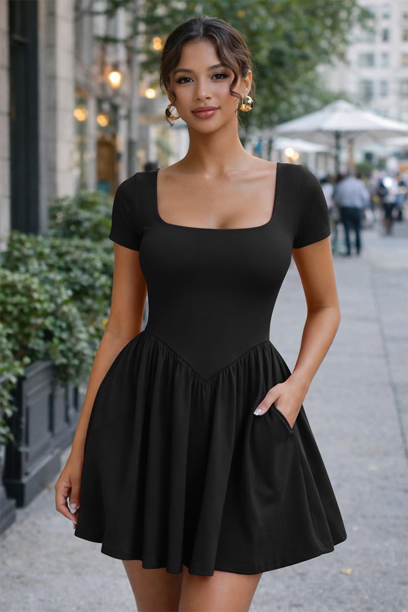 YMDUCH Women's Casual Short Sleeve Square Neck A-line Flowy Hem Party Dress with Pockets - Image 4