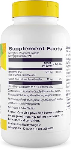 Miniatura 2 de Healthy Origins Cápsulas veganas de 500 mg de vitamina B5 de ácido pantoténico, alta resistencia, refuerzo de energía y apoyo al metabolismo,