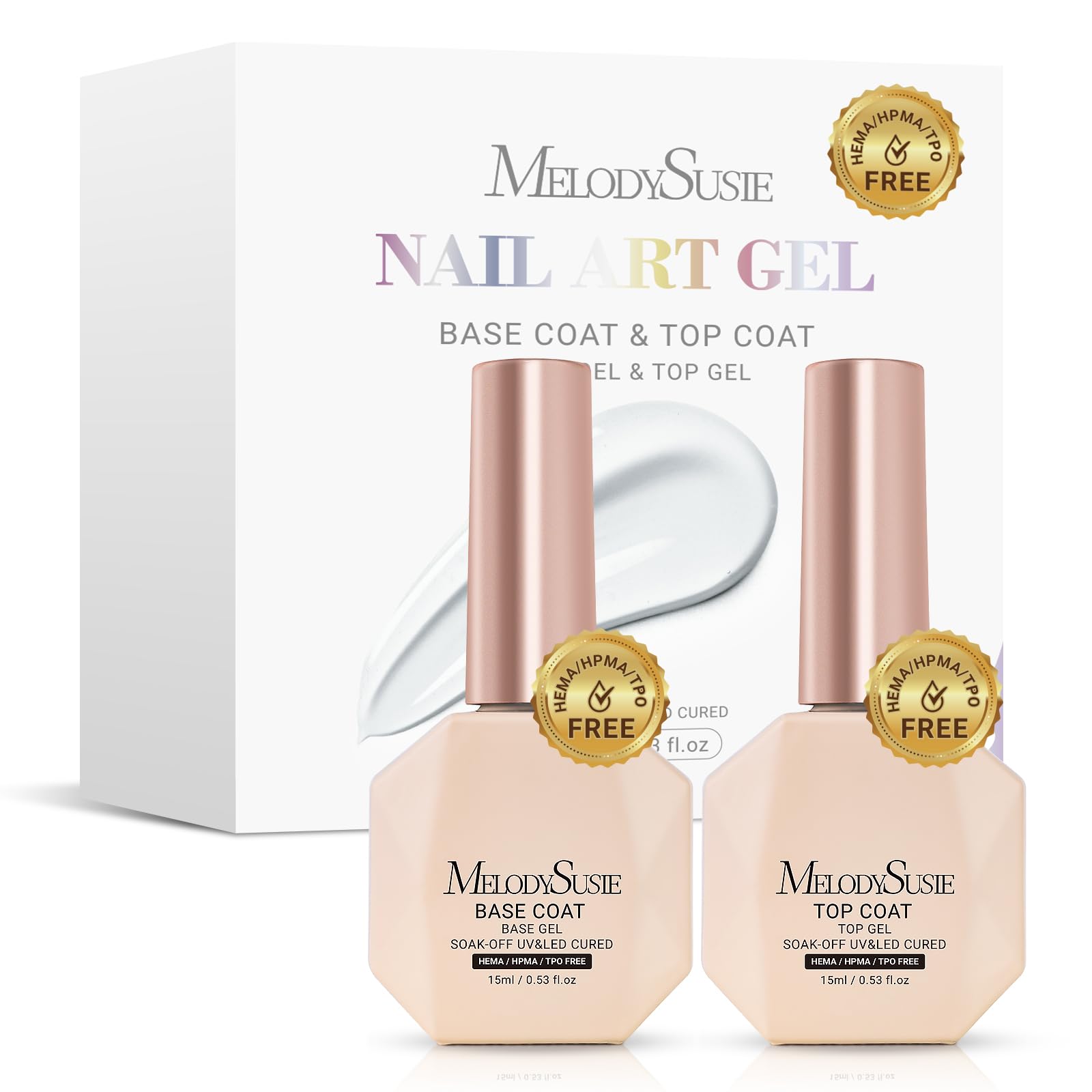 MelodySusie 2PCS Hema Free Gel Top Coat and Base Coat Set,Hema free,Hpma free,Tpo free,No Wipe,Soak off UV LED Drying,Long Lasting Gloss Shiny 15ML