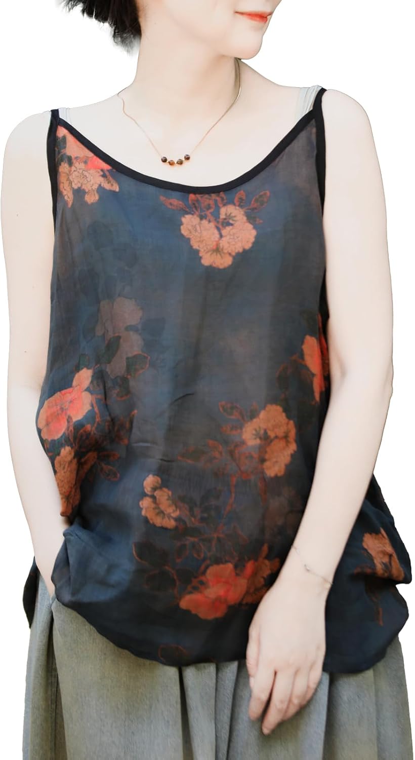 Womens Ramie Camisole Tank Tops Floral Printed Causal Breathable Sleeveless Tops Summer Loose Fit Spaghetti Strap Cami Shirts - Image 2
