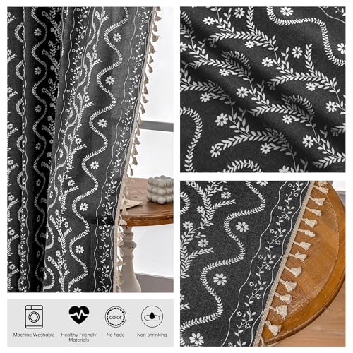 Image of Boho Curtains 84 Inch Long for Living Room, Bedroom, 2 Panels Floral Farmhouse Vintage Tassel Semi Sheer Light Filtering Privacy Window Curtain Drapes with Rod Pocket,Black