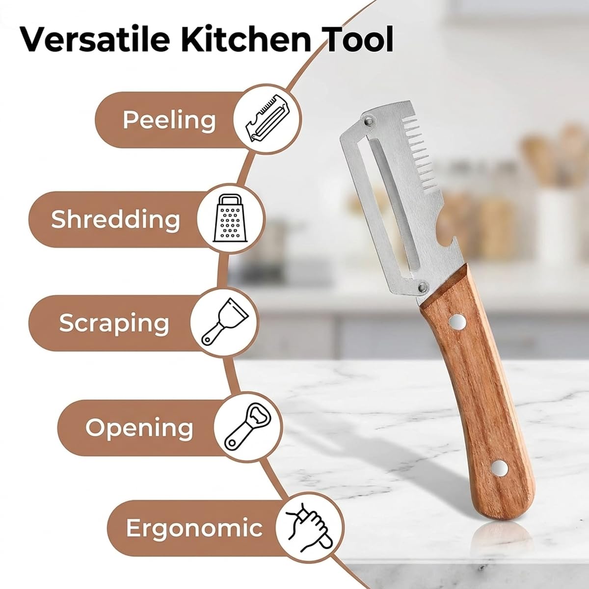 Vegetable Peeler for Kitchen – Multifunctional Stainless Steel Peeler with Wooden Handle & Bottle Opener, Durable for Fruits and Vegetables — view 2