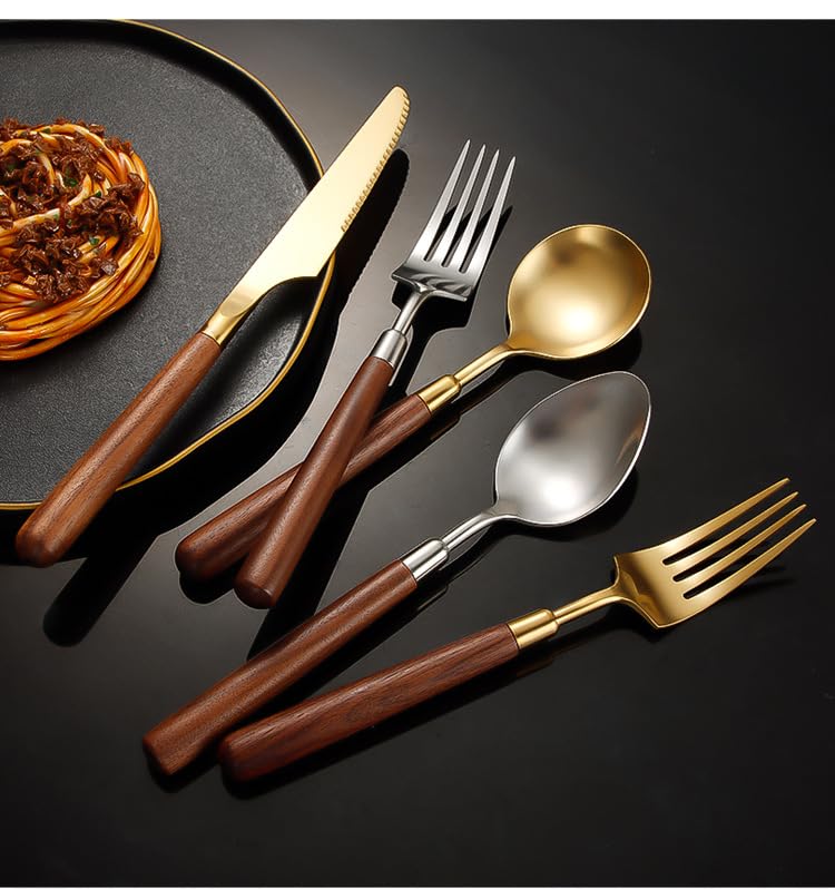 Ensemble de Couverts, 4/16/24/32 pièces, Manche en Bois, Acier Inoxydable 304, Couteau à Steak, Fourchette et cuillère, Service de Table pour Restaurant et Usage Domestique, argenté - 4 ense