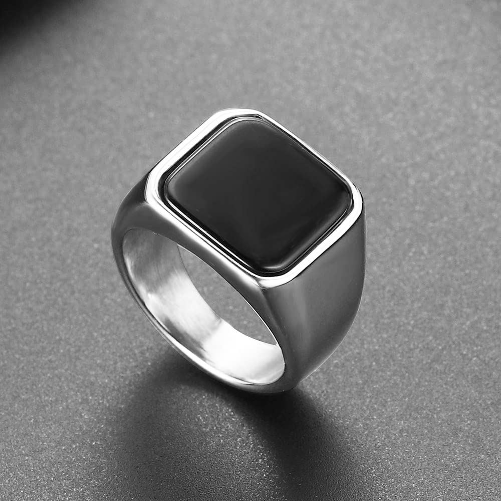 Anello da uomo con onice nero, in acciaio inox e oro, gioielli classici, misura 54-69