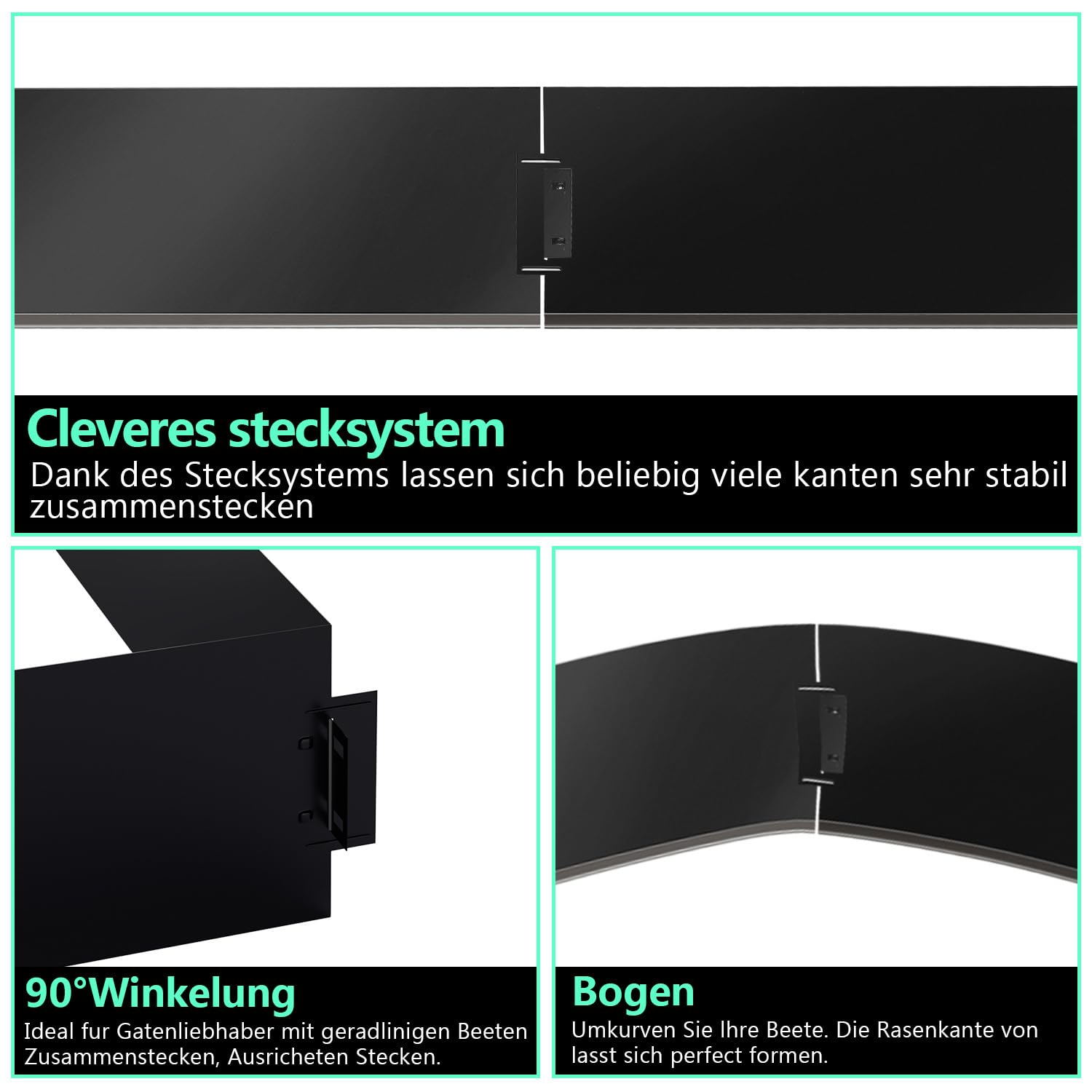 Rasenkante Metall Verzinkt, 15m Schwarz Matt Flexible Garten Beeteinfassung, Kratzfeste Oberfläche Stecksystem ohne Zubehör Einfache Montage, 15 Stück 100cm x 18cm (L x H)