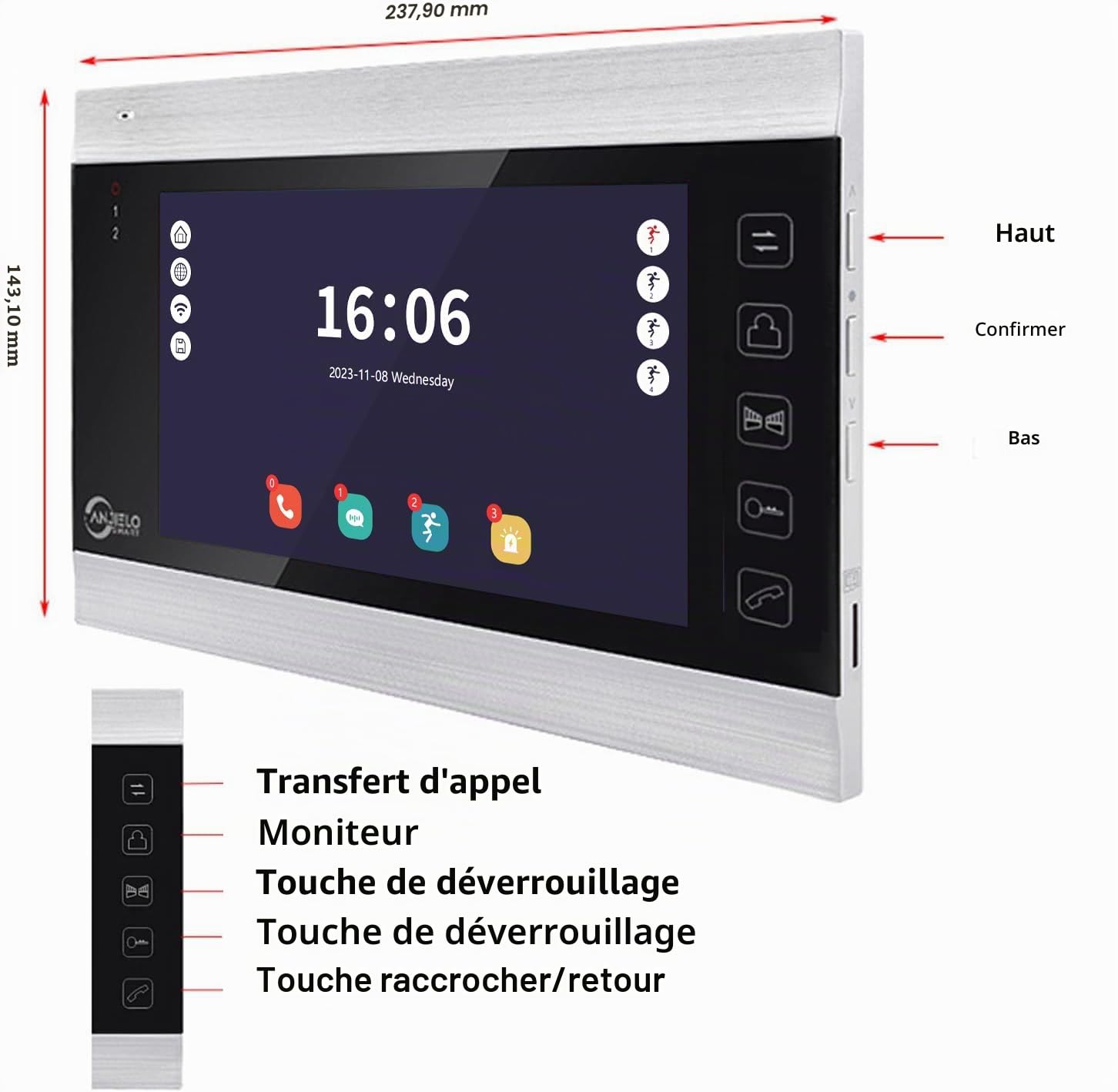 ANJIELO SMART Tuya Système d'interphone visuel à 4 fils avec caméra HD 1080p Sonnette filaire Moniteur d'écran WiFi avec vision nocturne grand angle avec détection de mouvement