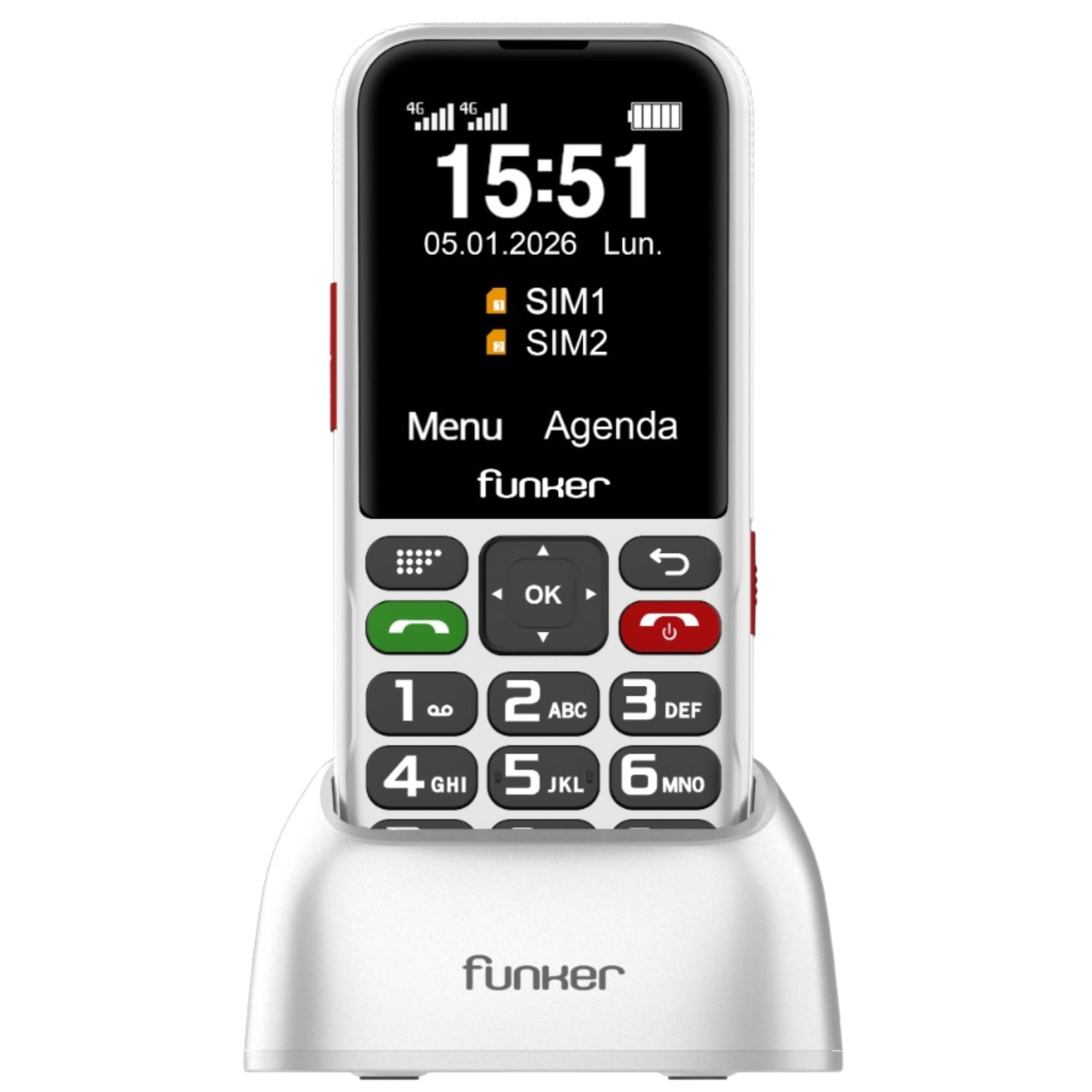 Funker C180 Telefon komórkowy 4G dla seniorów i domu, duże klawisze, ekran 2,4 cala, stacja ładująca, bateria 1800 mAh, łatwe klawisze, wysoki dźwięk głosu HD, biały